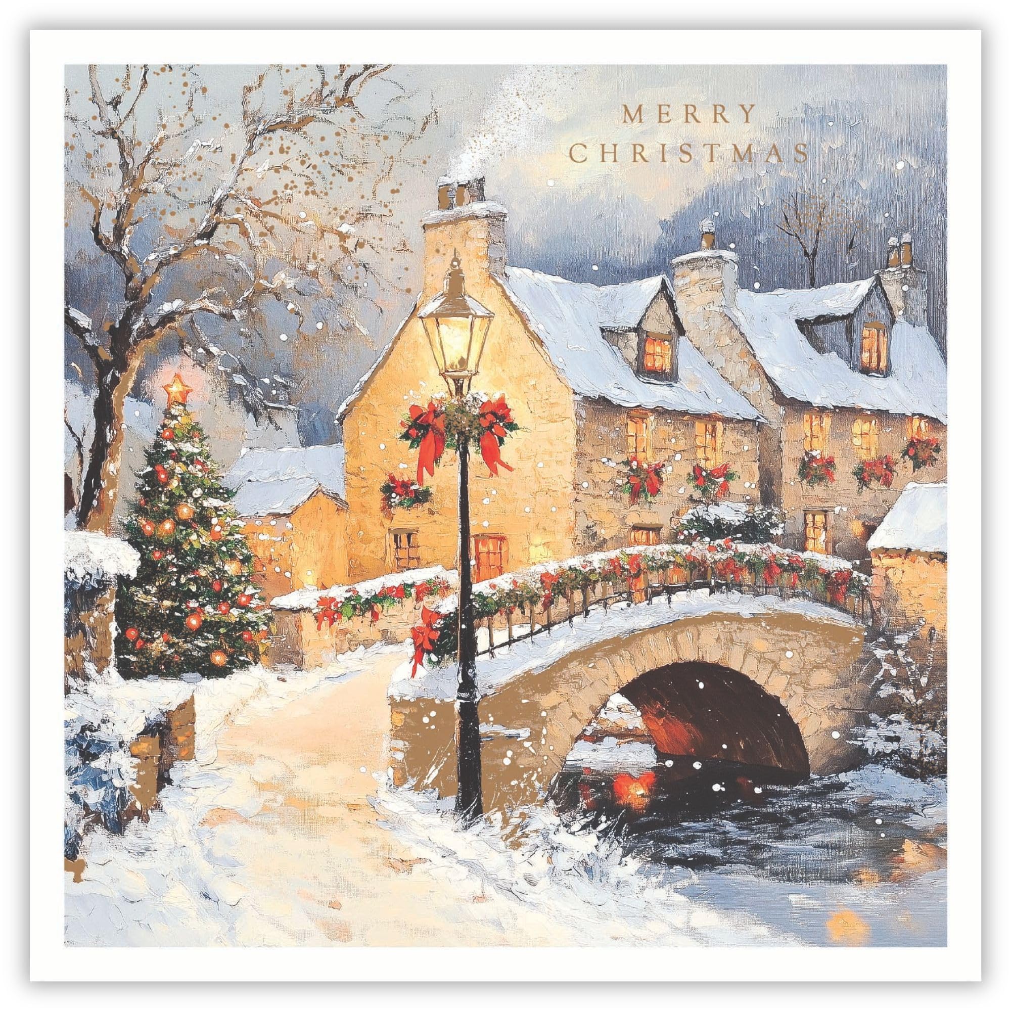 Tracks Publising Charity Christmas Cards Pack of 5 - Snowy Village and Bridge Scene - Foil Finish - Festive Christmas Cards Multipack - In Aid of Rainbow Trust