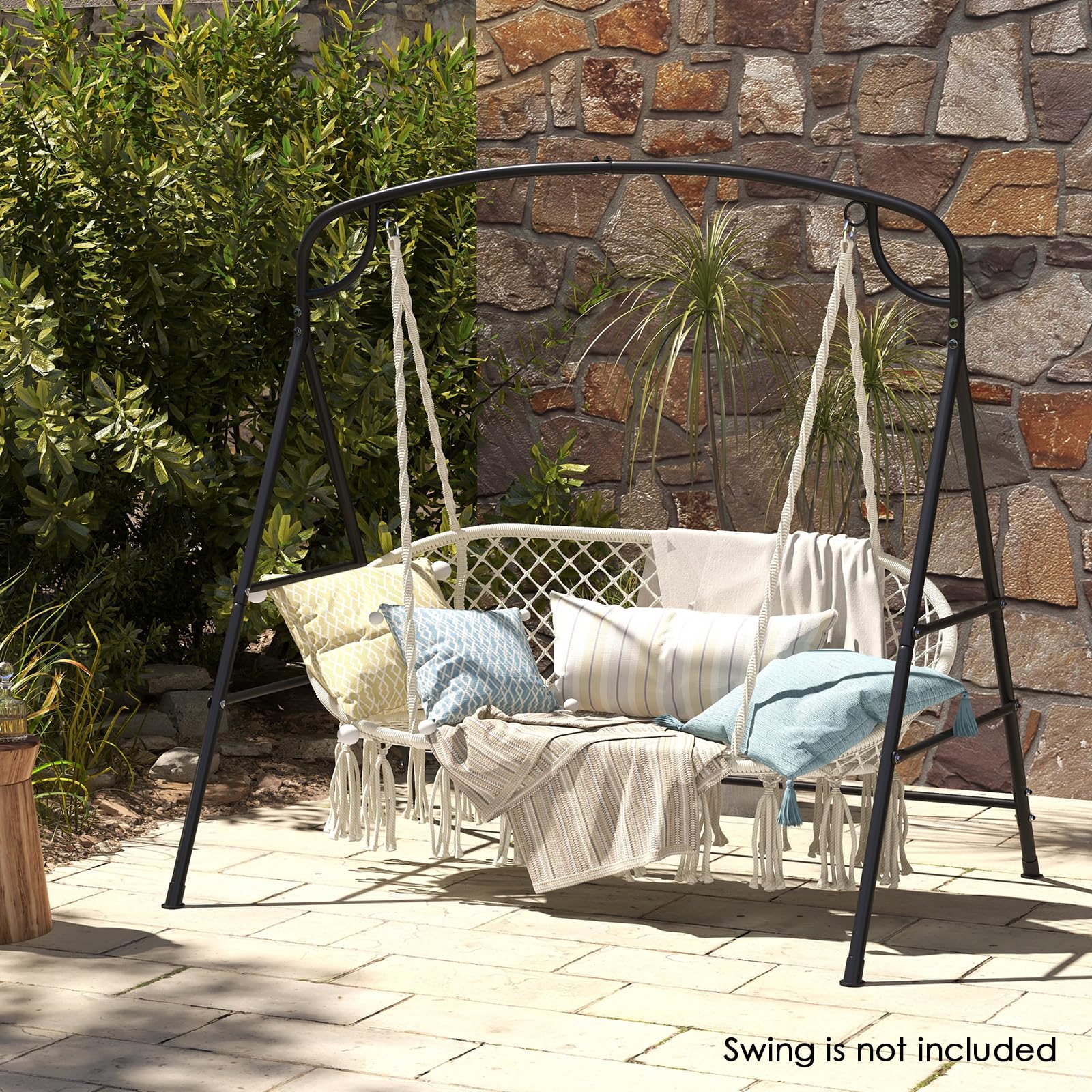KOMFOTTEU Soporte para Columpio de Metal, Marco para Balancín de Jardín en Forma A, Estructura para Banco Colgante con Carga de 300 kg, Marco con 2 Anillos para Balcón, Porche, 180 x 133 x 182 cm