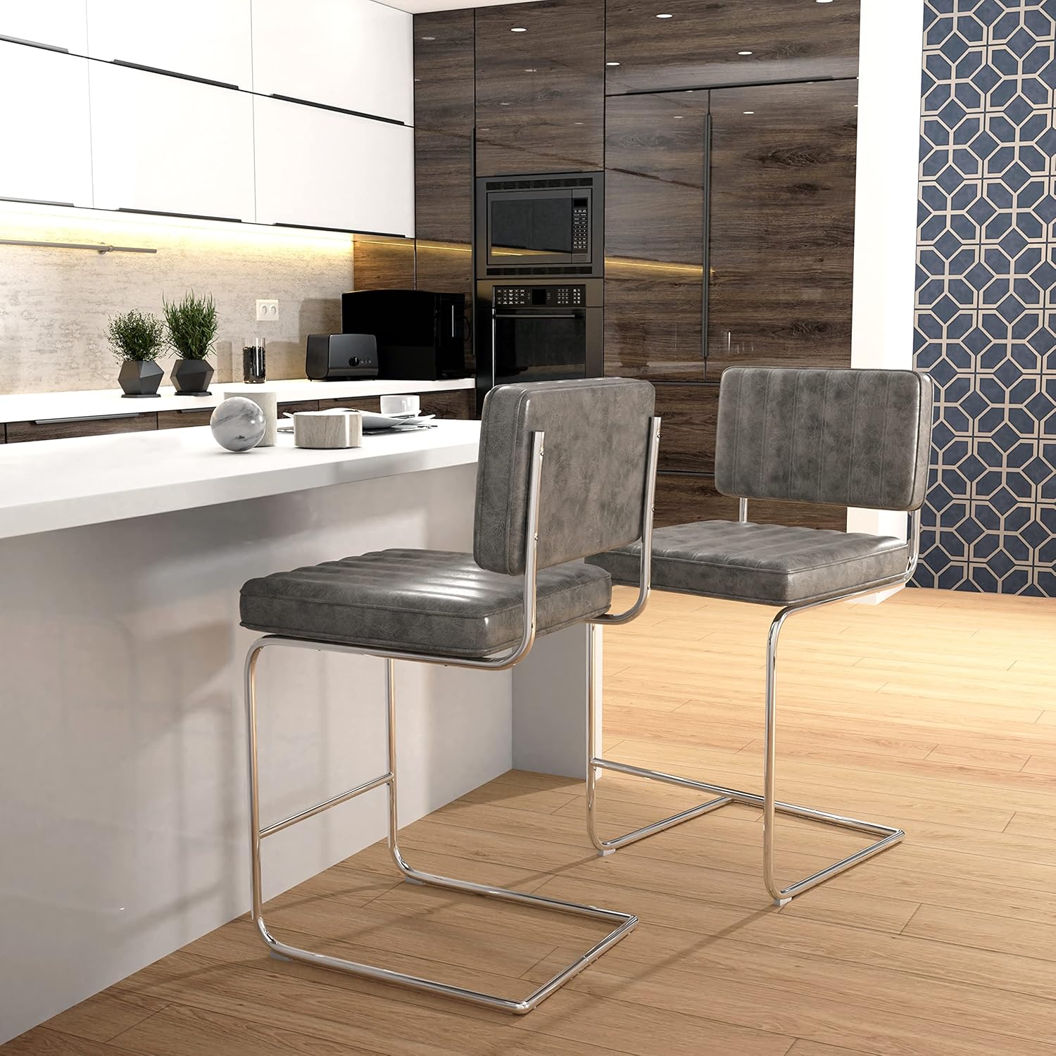 Hillsdale, Breuer Metal Counter Height Stools with Vertical Tufting, Set of 2, Gray