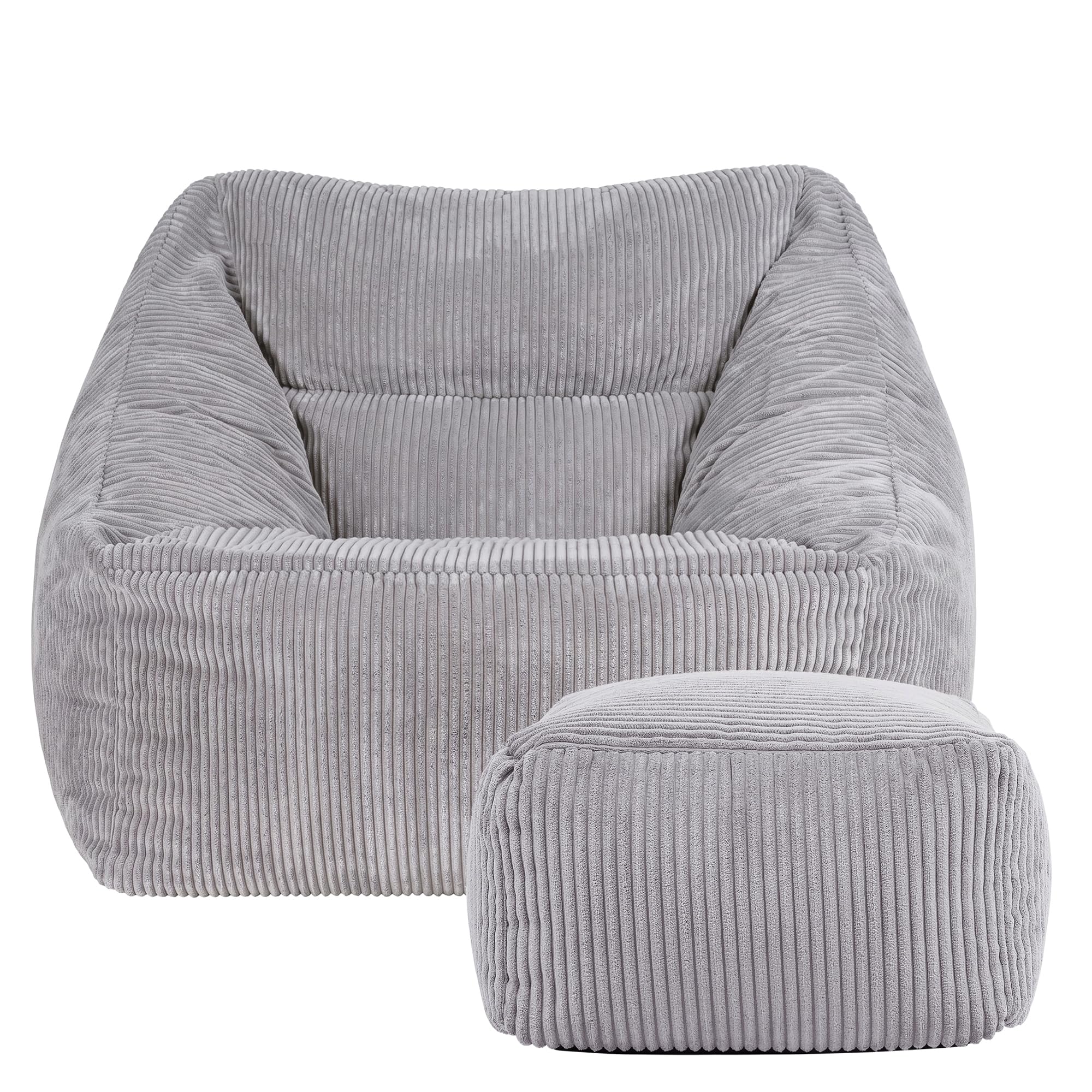 icon Natalia Cord Bean Bag Chair with Footstool, Grey, Large Adult Bean Bag with Filling Included, Comfy Chair, Armchair, Living Room, Bedroom Furniture