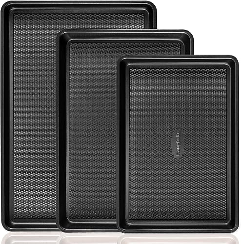 HONGBAKE - Cookie Sheets for Baking ，Baking Sheet Pan Set of 3 with Diamond Texture Pattern, 57% Thicker Carbon Steel Cookie Trays - Black - Thumbnail 3