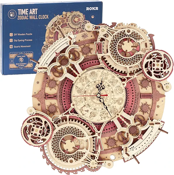 ROKR 3D Wooden Puzzles for Adults-Wooden Clock Puzzle Kit-Wood Model Kits to Build for Adults-Zodiac Wall Clock