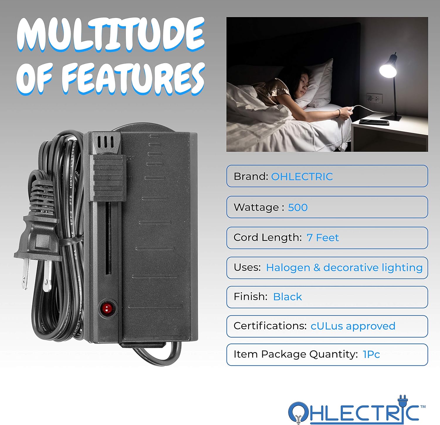 OhLectric Slide Halogen Dimmer - Floor Lamp Dimmer - Plug-in Slide dimmer for Halogen and Night Lamps - with Extension Cord of 7 Feet - Power Rating of 500 Watt/120V, Black - OL-44050