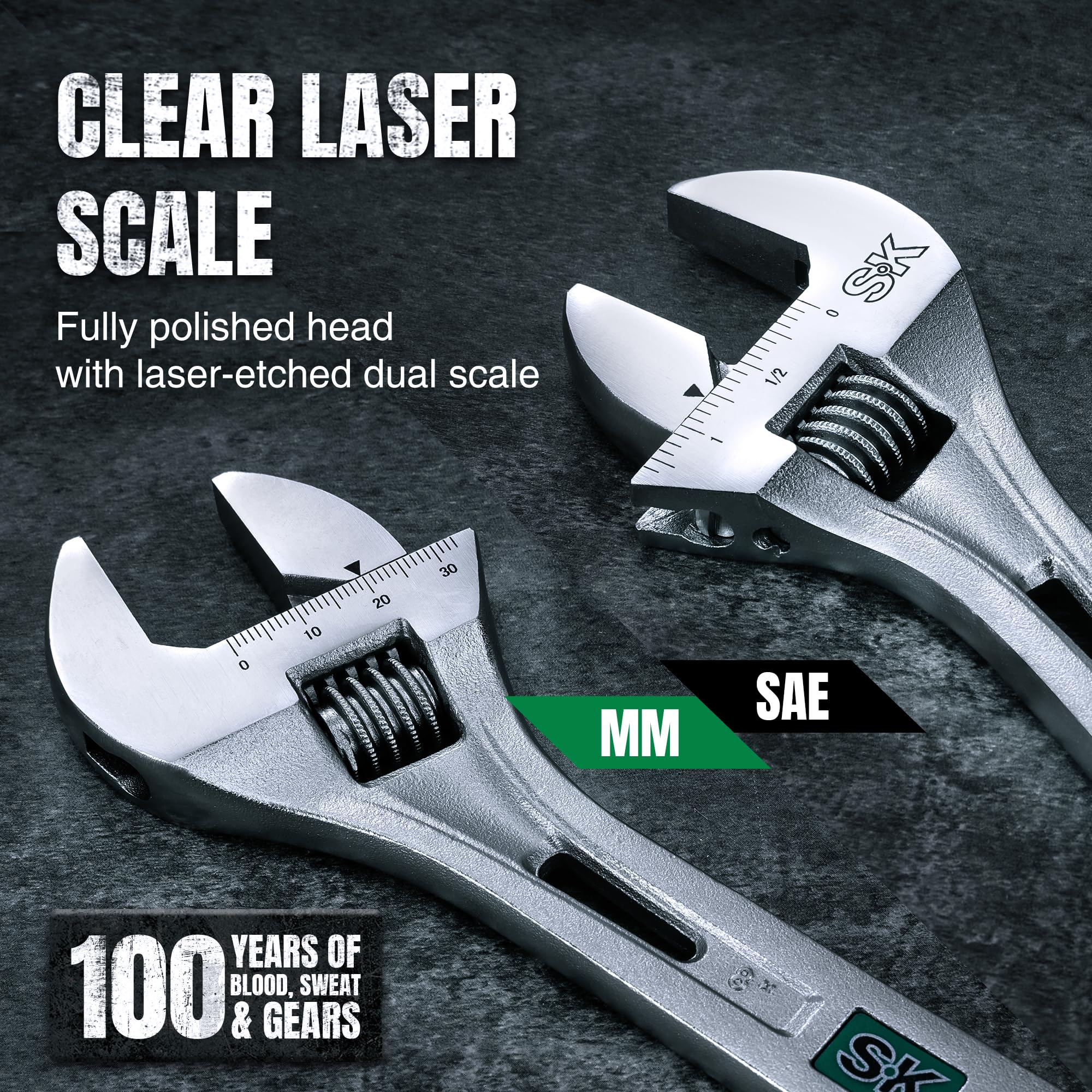 SK Llave ajustable de 8 pulgadas, capacidad de mandíbula de 1 pulgada, acero Cr-V, básculas SAE y métricas