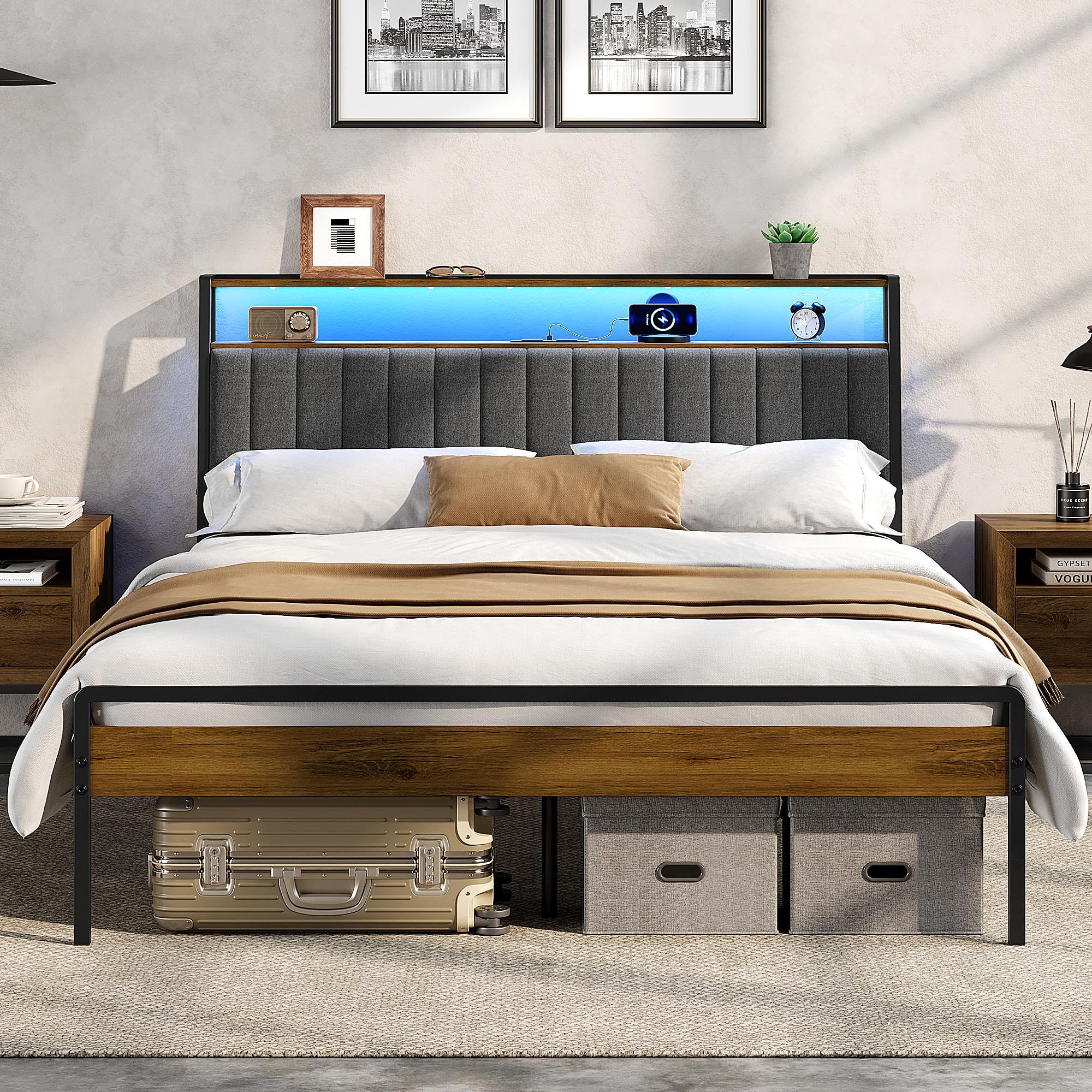 Yaheetech King Bed Frame with Upholstered Storage Headboard, 150 x 200 Metal Wooden Bed with LED Lights and Charging Station, Industrial, Easy Assembly, King