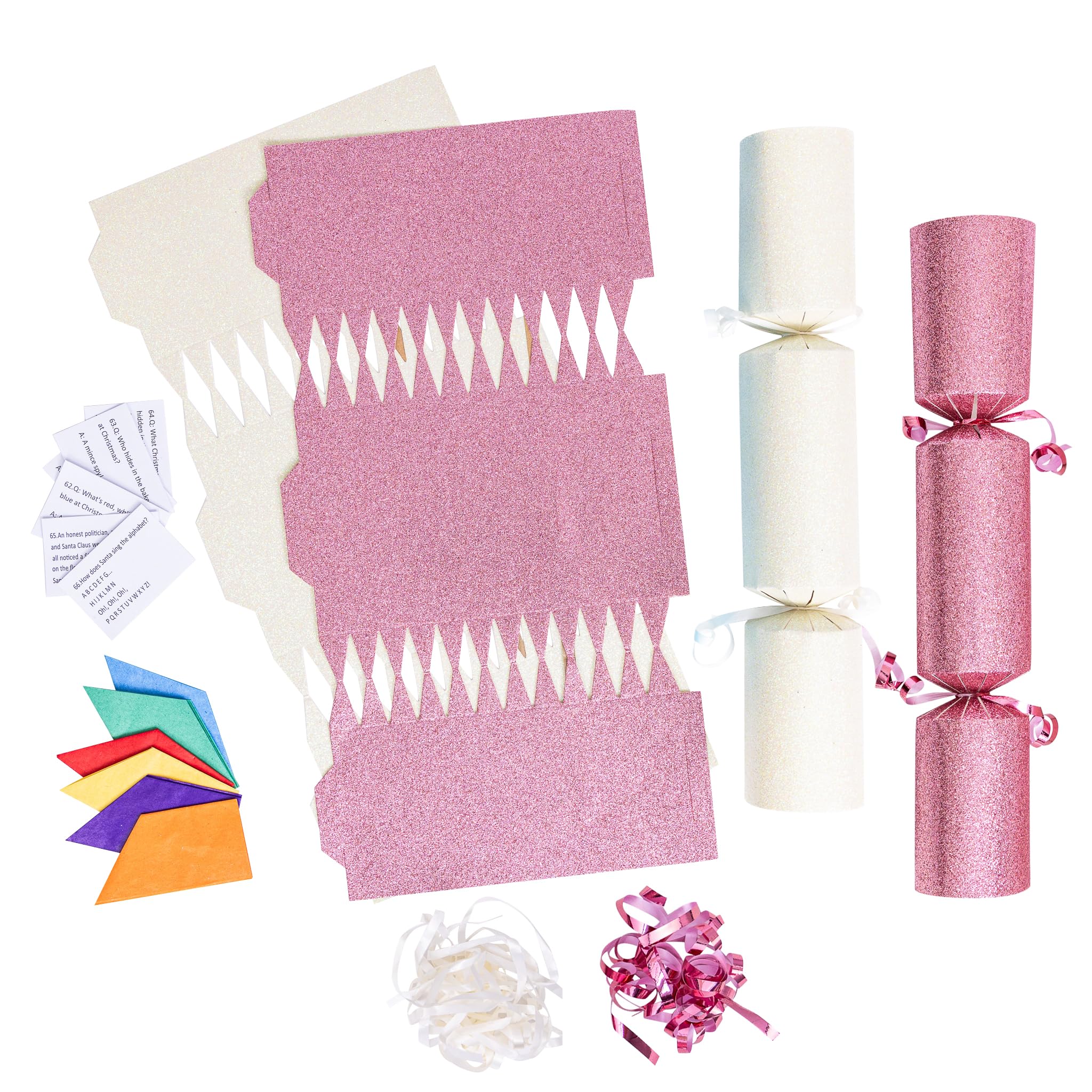 evelay 12 Make Your Own Christmas Cracker Kit DIY Pink & Cream Glitter Crackers Hats Snaps Jokes (Pink, Cream)