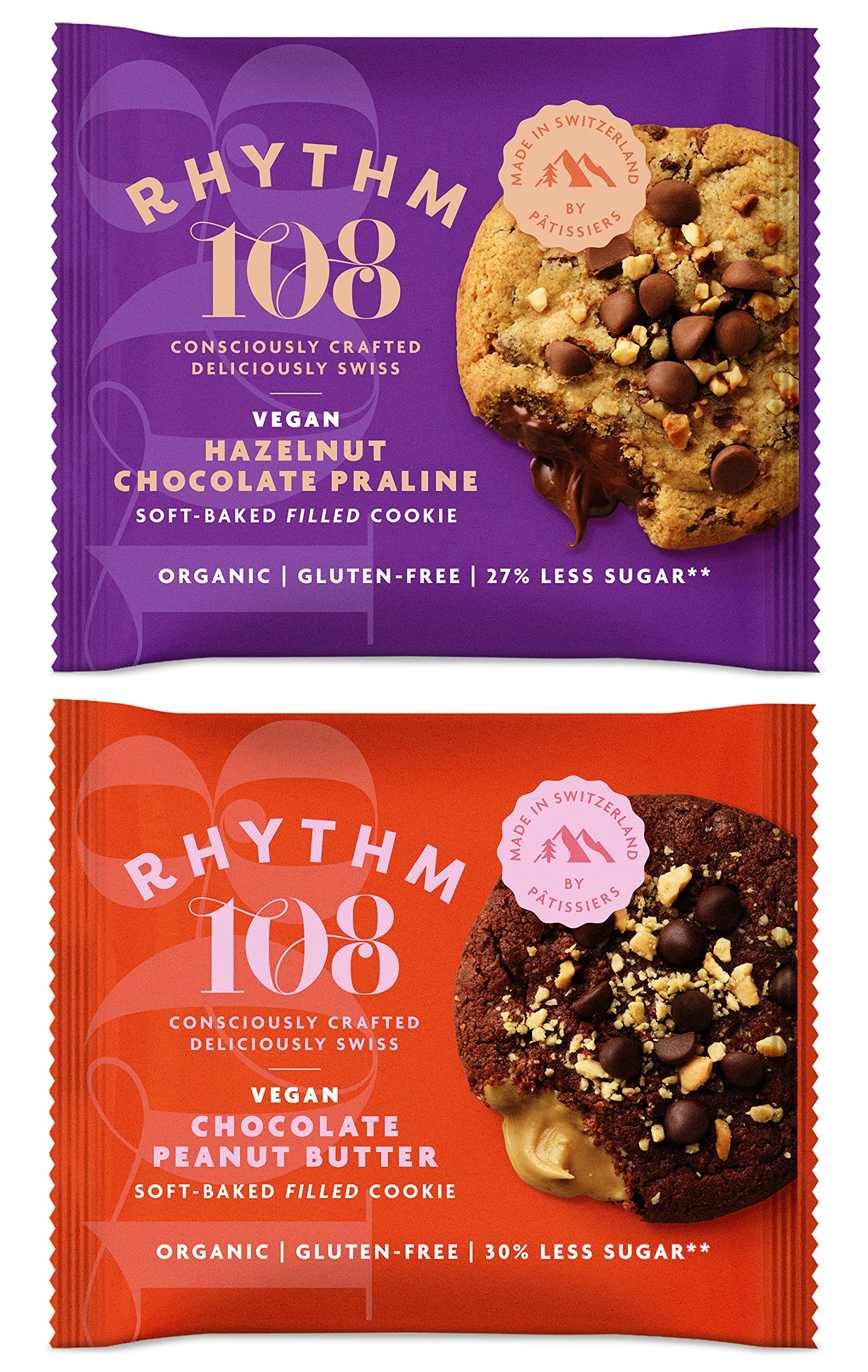 Rhythm 108 Hazelnut Chocolate Praline & Chocolate Peanut Butter Cookie Mixed Case 12 x 50g