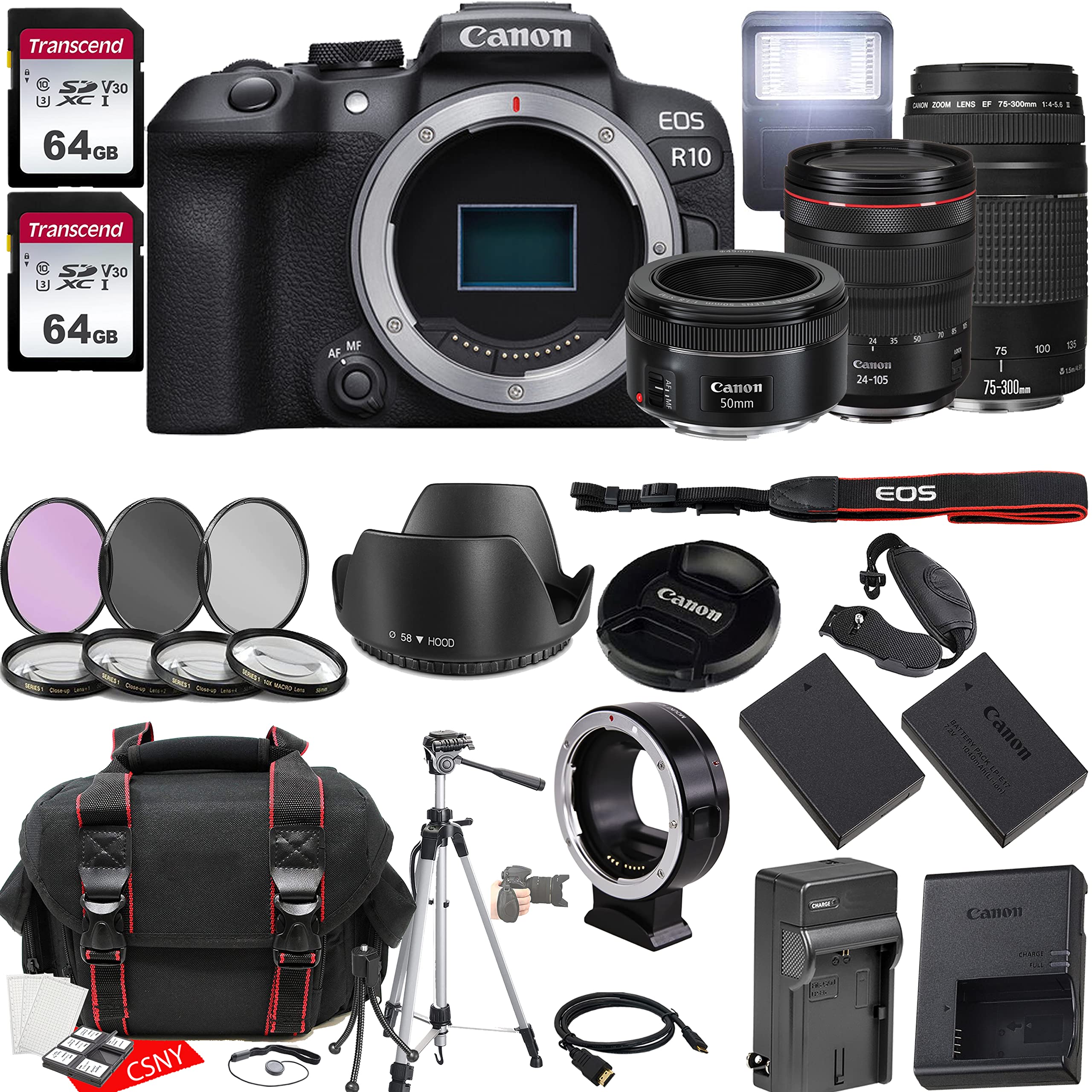 Canon EOS R10 Mirrorless Camera w/RF 24-105mm f/4 L is USM Lens + EF 75-300mm f/4-5.6 III Lens + EF 50mm f/1.8 STM Lens + 2X 64GB Memory + Hood + Case + Filters + Tripod & More (35pc Bundle)