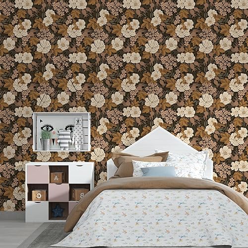Miniatura 8 de UniGoos Papel tapiz de flores beige, hojas marrones, papel de pared temporal, papel de contacto autoadhesivo moderno para gabinete, habitación de