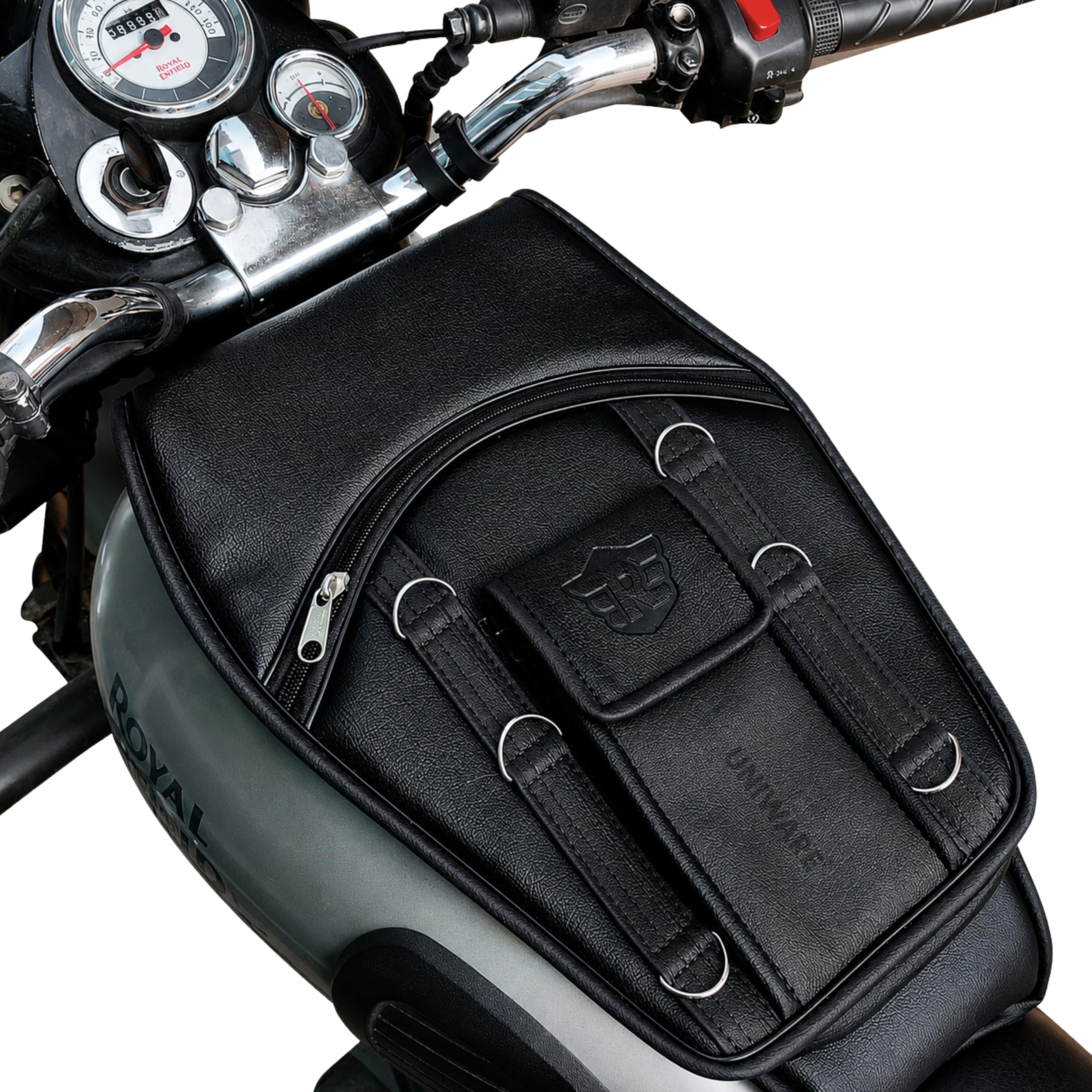 UNIWARE® Leather Scratch Proof Tank Cover/Tank Bag Compatible for RE Classic 350/500, RE Bullet,Electra and Standard Model Bikes - Mobile Pocket Tank Cover (Full Black)-image-37