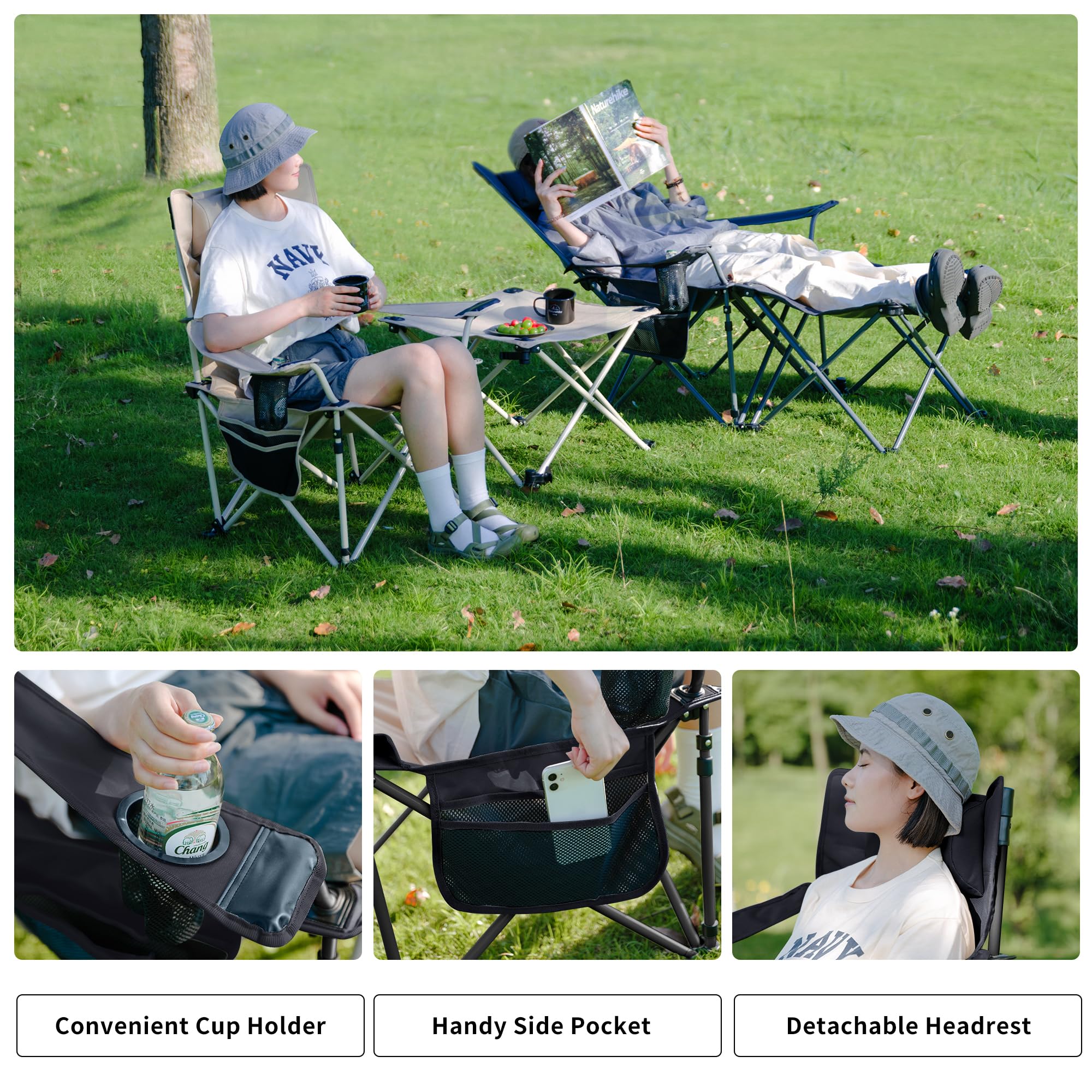 Naturehike 3-in-1 Camping-Klubsessel Liegestuhl Klappbarer Tragbarer Freizeitstuhl Verstellbarer Campingstuhl mit Abnehmbarer Fußstütze/Tisch/Hocker, Kopfstütze, Getränkehalter mit Handtasche