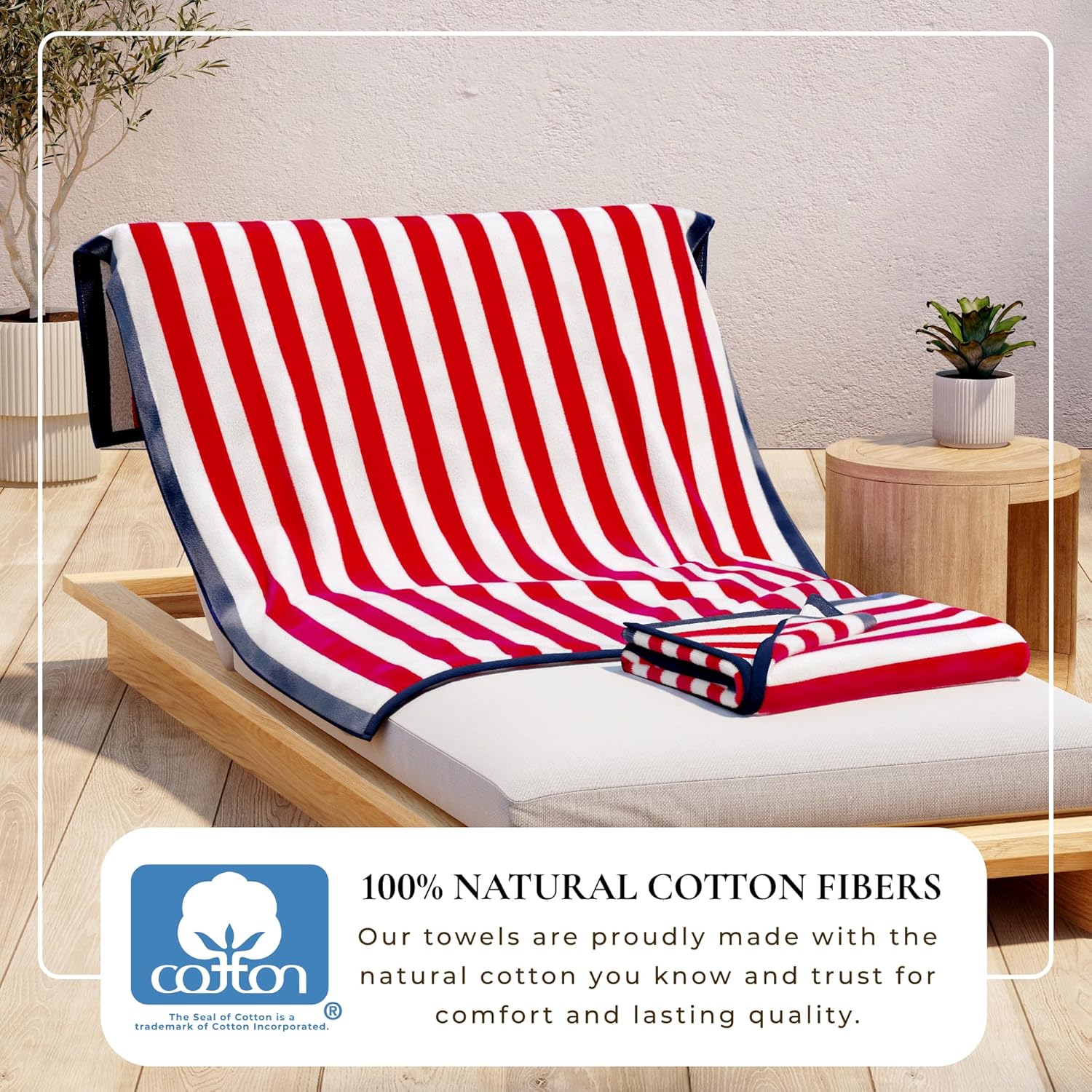 Great Bay Home 100% Cotton Velour Beach Towels - Oversized (35" x 70") Stripe Border Pool Towel - Quick Dry, Absorbent, Ultra-Soft (Red/Navy)