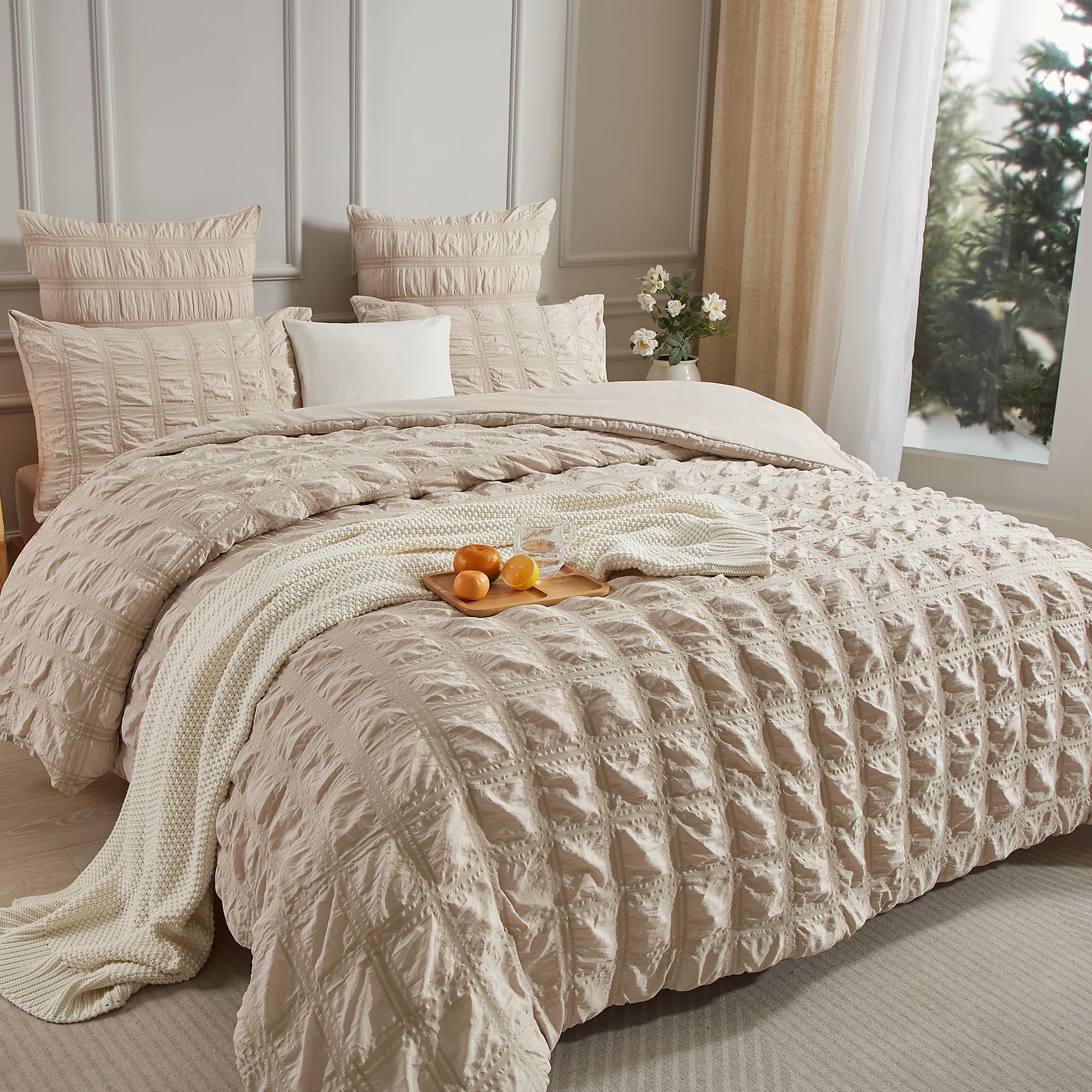 Luowei Seersucker Bettwäsche 220x240cm Kariert Beige Flauschig Bügelfreie Bettwäsche Aesthetic Set Sommer Kühlend Bettbezüge 220x240 mit Reißverschluss und 2 Kissenbezüge 80x80 cm