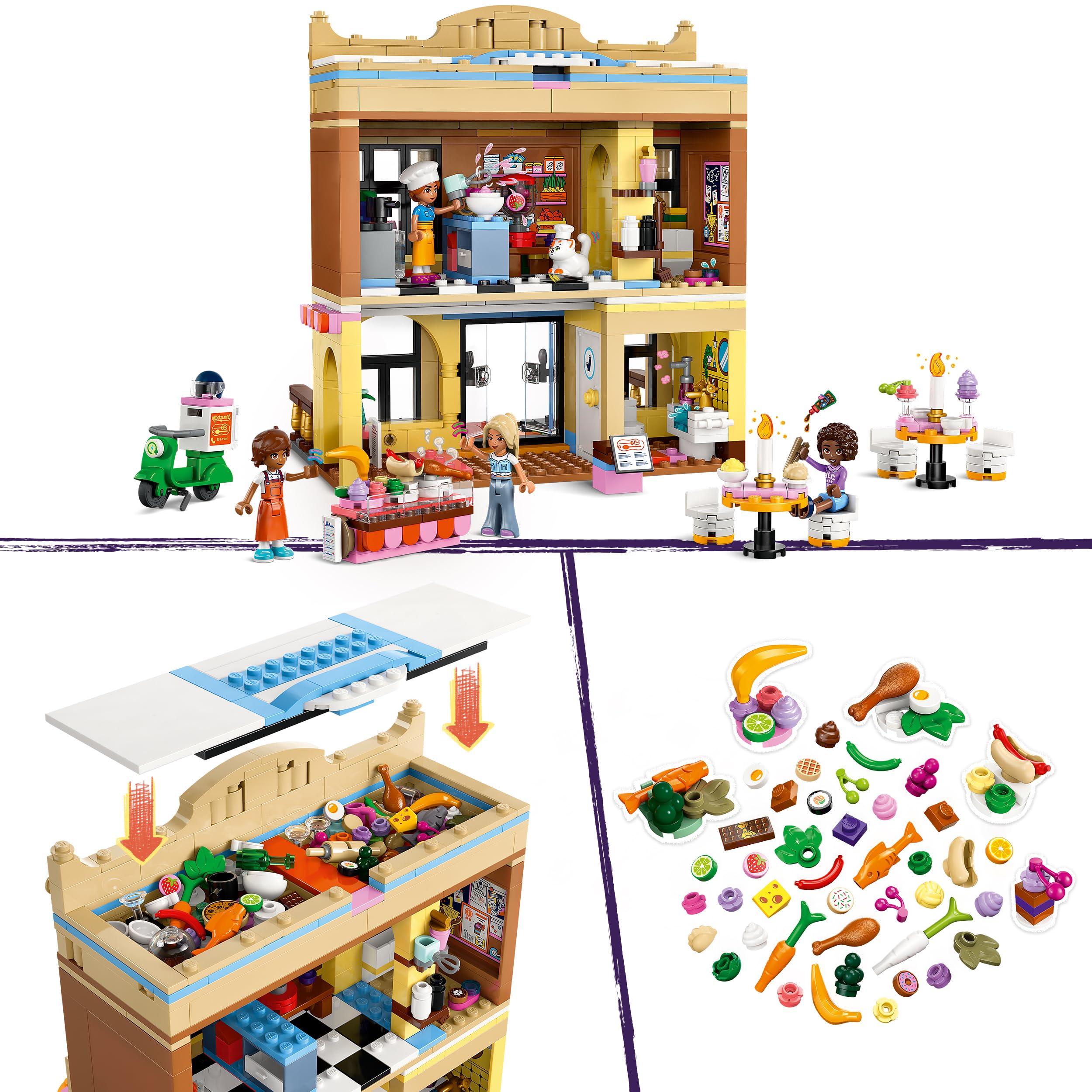 LEGO Friends Restauracja i Szkoła Gotowania, Kreatywna Zabawka dla Dziecka do Zbudowania, Minilaleczki, Zabawkowa Kuchnia i Figurka Kota, Prezent dla 8-latki, dla Dziewczynki i Chłopca, 42655