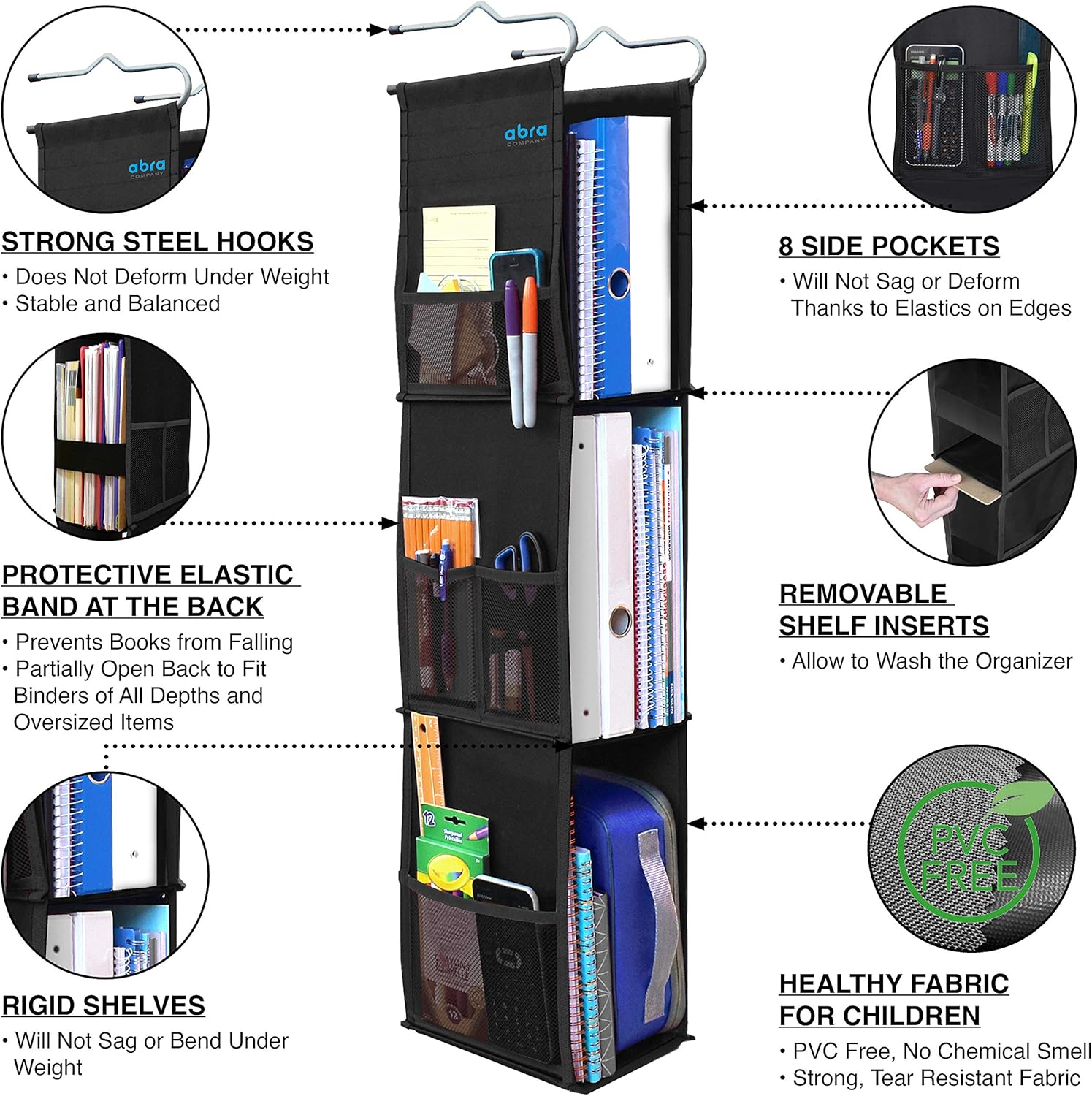 ABRA® 3 Shelf Hanging Locker Organizer for School, Work, Gym, Closet | Deep Shelves 6.5”x 9”| Eco-Friendly Fabric Healthy for Children | Adjustable School Locker Shelf from 3 to 2 Shelves (Pure Black)