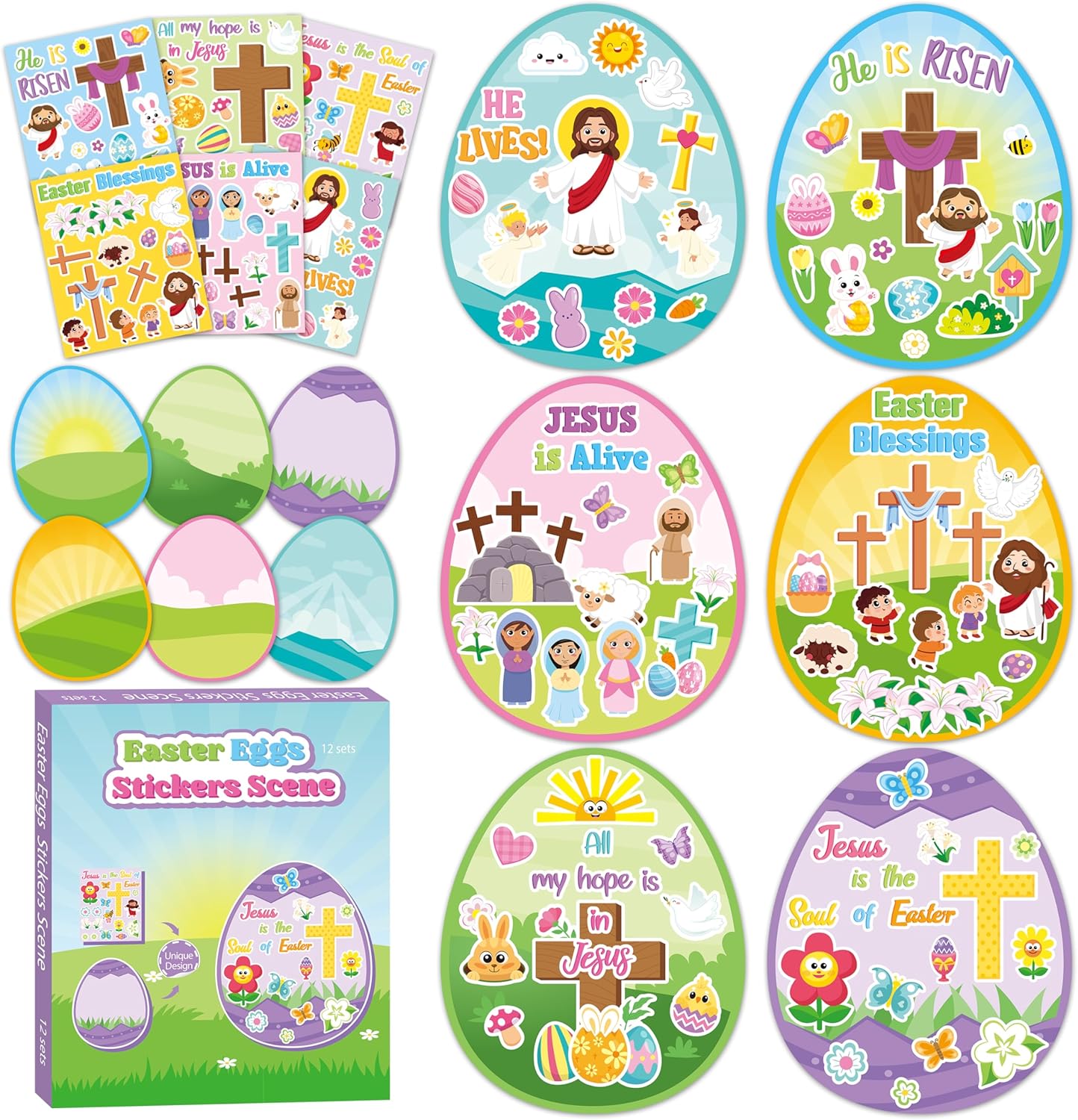 CY2SIDE Easter Egg Scene Sticker - 12 Set Religious Egg Stuffers Sticker for School Rewards, Make Your Own Easter Jesus Cross Scene Activities