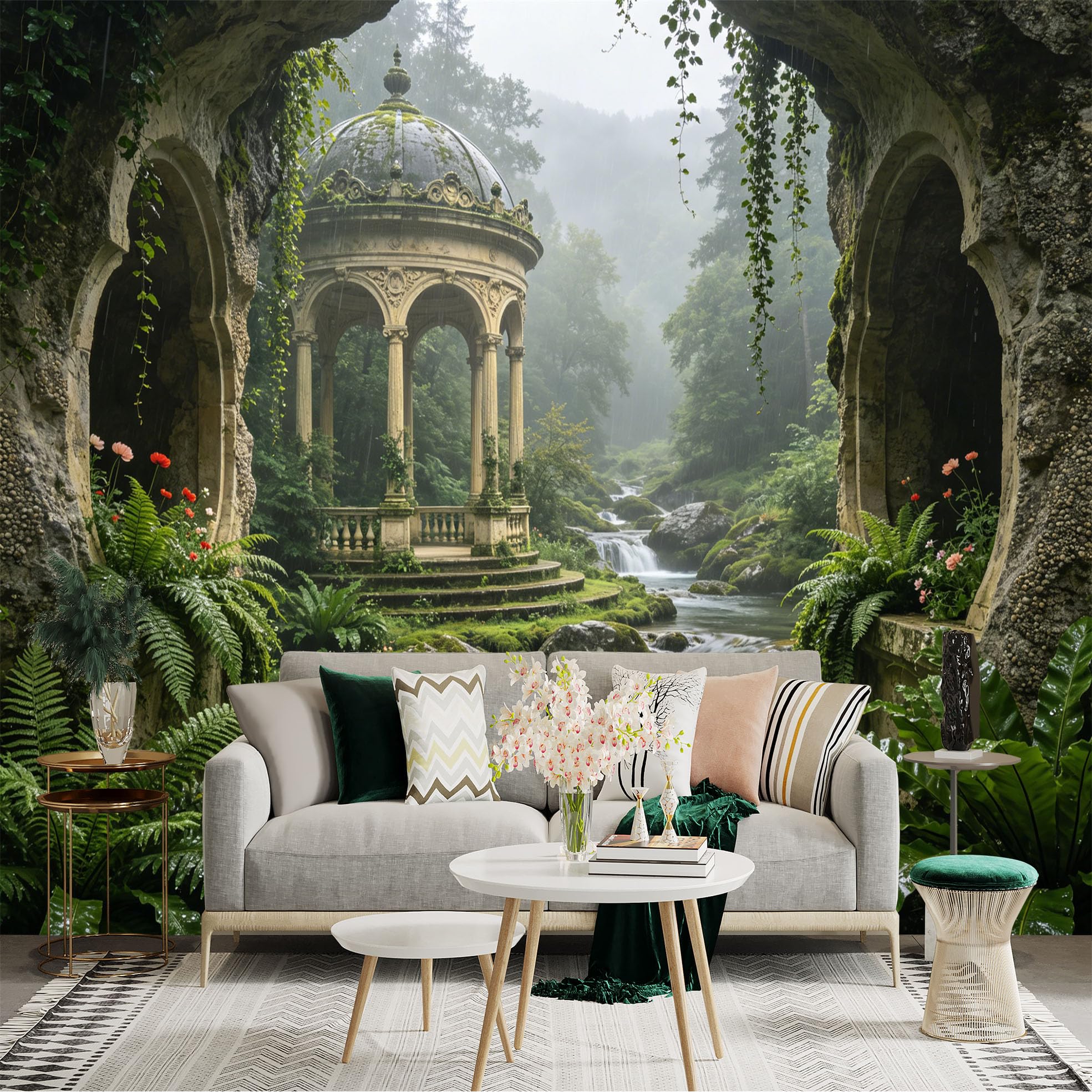 Custom Size Wall Sticker Mural， Ancient Pavilion in Misty Forest with Waterfall and Ferns， for wall Decoration， peelandstick wall Decals.