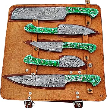 Custom Handmade Damascus Chef Knives Set/Kitchen Knives 5 Pieces Set SS-17306 Black and Yellow Colored Wood Green and White