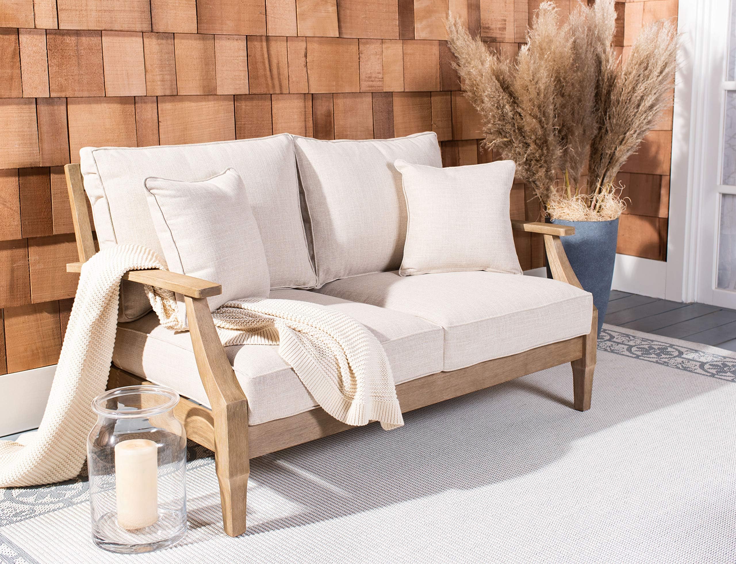 SAFAVIEH Couture Patio Martinique Natural and White Wood Outdoor Loveseat, Natural/White