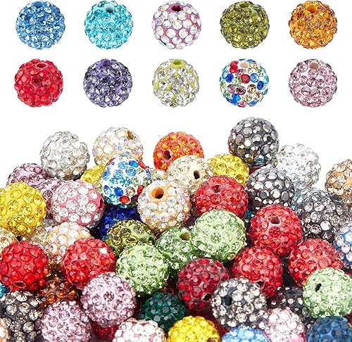 PH PandaHall 100 piezas cuentas de strass de colores mixtos, cuentas de cristal redondas de 10mm (0.394 pulgadas), bolas de discoteca pavé, cuentas