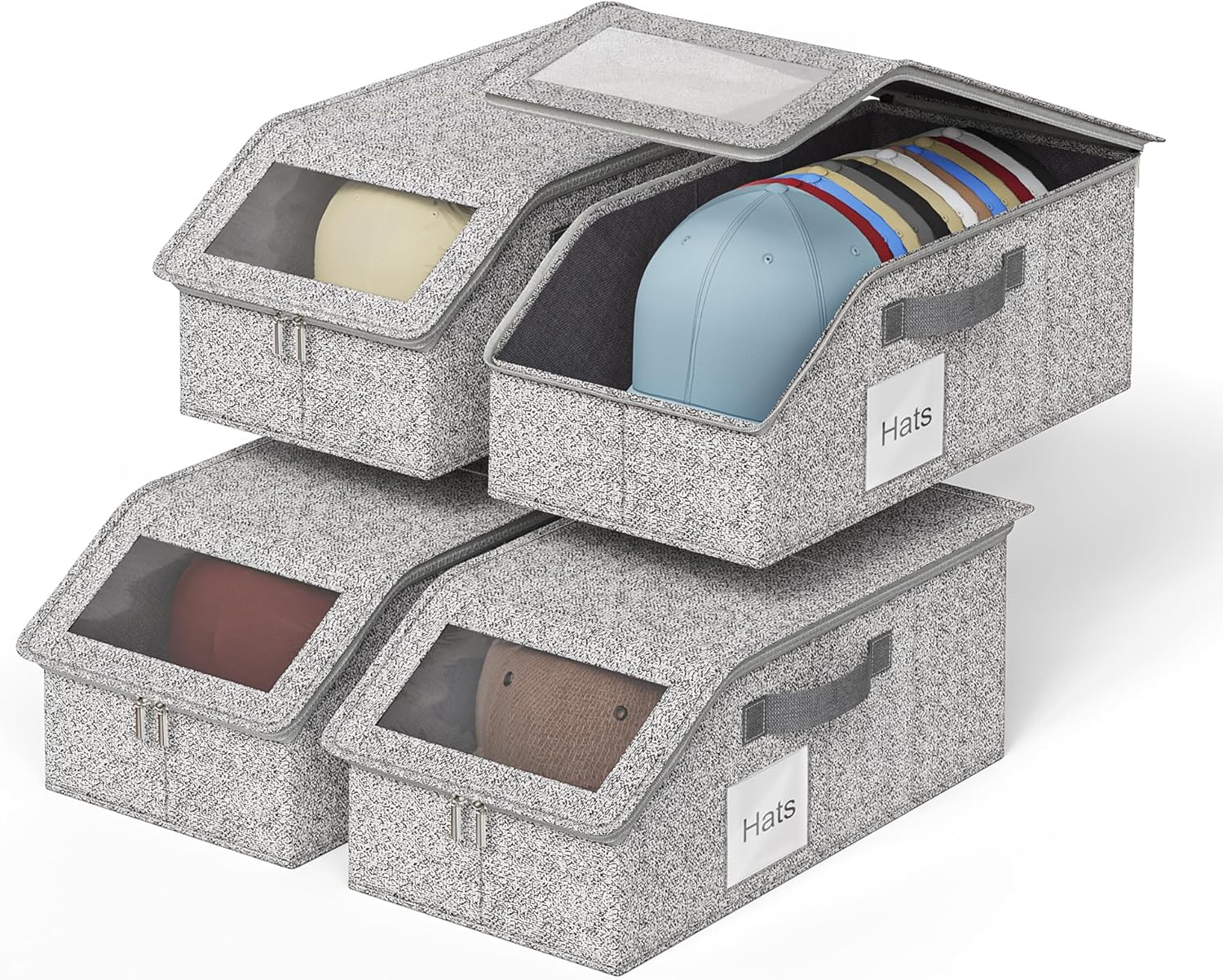 4 PCS Hat Organizer for Baseball Caps, Multi Functional Storage Box (Accommodates 48 Hats) with Visible Window and Zipper - Gray