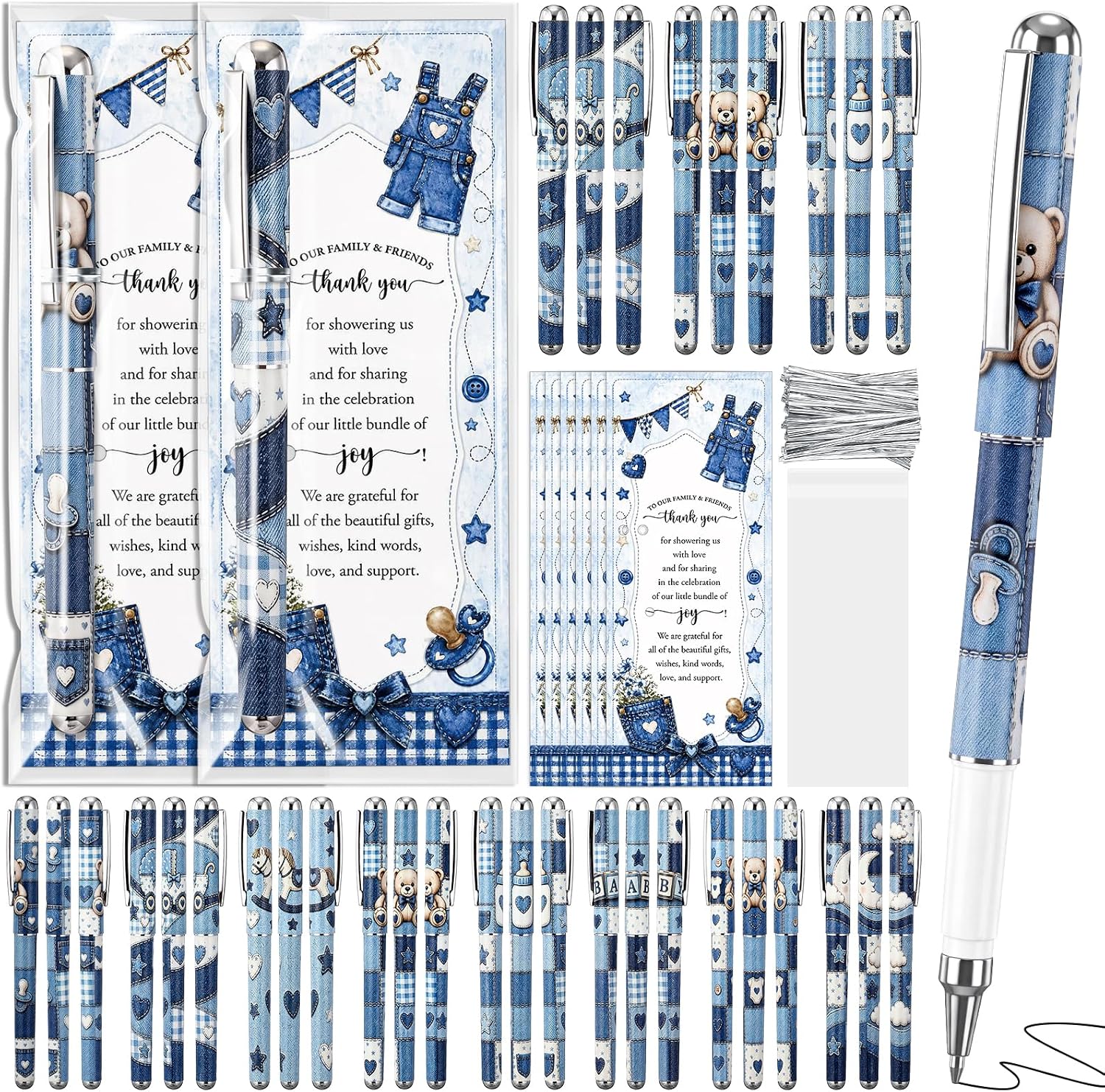 32 Sets Blue Jean Baby Shower Favor with Ballpoint Pen Card and Bag