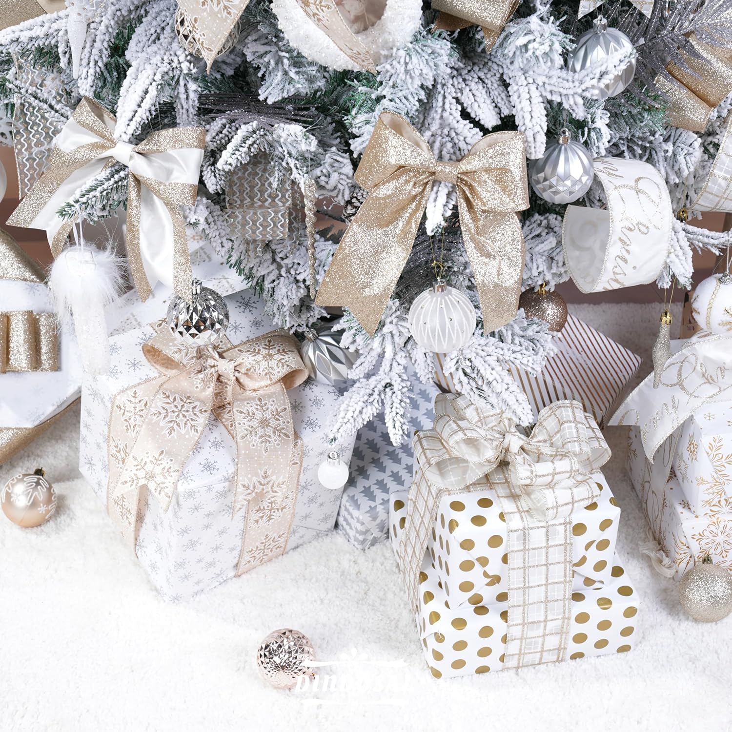 Champagne Gold Wired Christmas Ribbon 2.5 Inch x 36 Yards, 6 Rolls Satin, Chiffon & Burlap Ribbon for Tree, Wreaths, Bows, Garland, Gift Wrapping