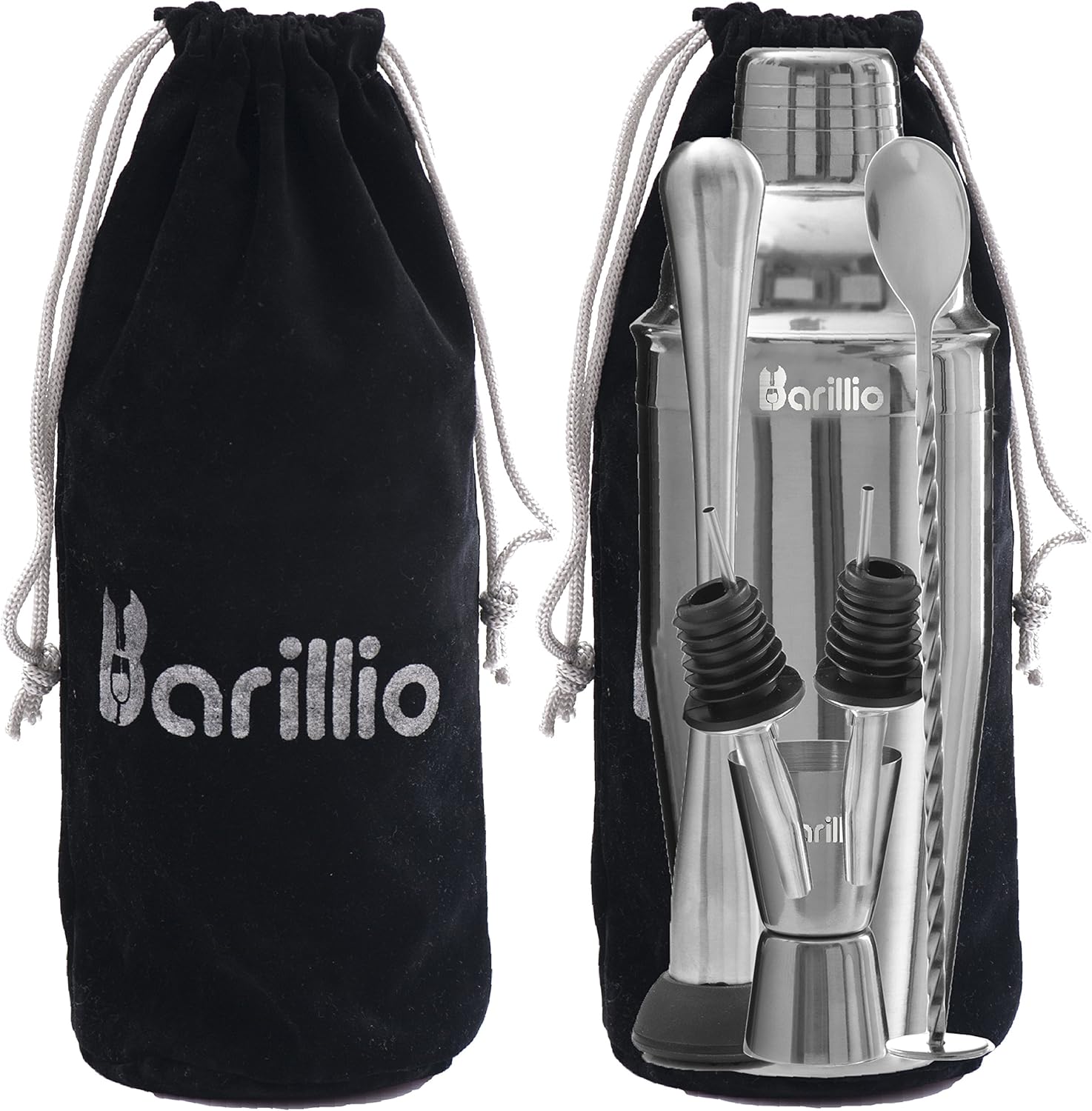 Barillio Elite Cocktail Shaker Set Bartender Kit 24 oz Stainless Steel Martini Mixer, Muddler, Mixing Spoon, jigger, 2 liquor pourers, Velvet Bag, Recipes Booklet & eBook: Home & Kitchen