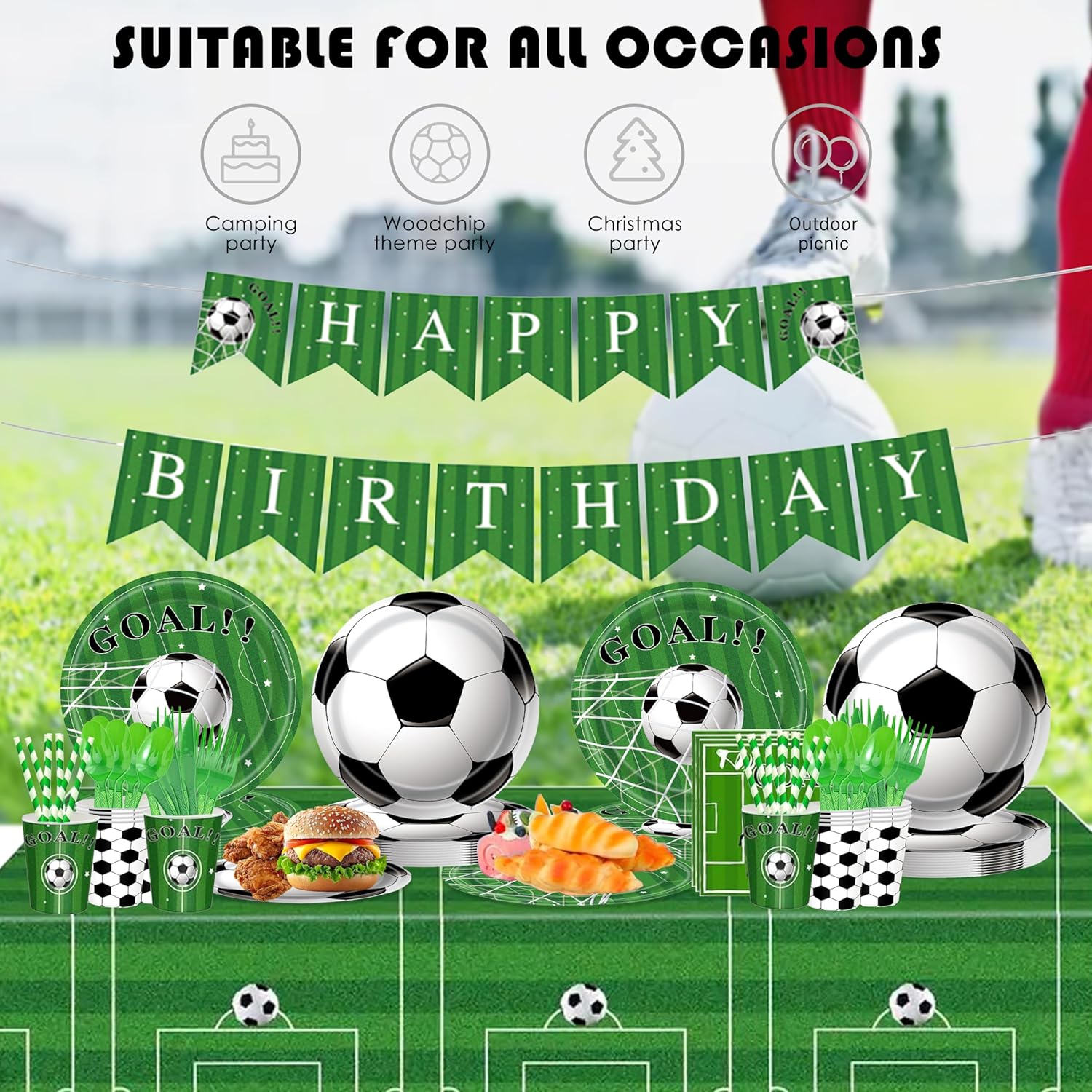 Soccer Birthday Party Decorations – 195 PCS Soccer Party Supplies for 24 Guests with Plates, Cups, Napkins, Cutlery, Banner, Tablecloth – Perfect for Game Day or Sports Theme Parties
