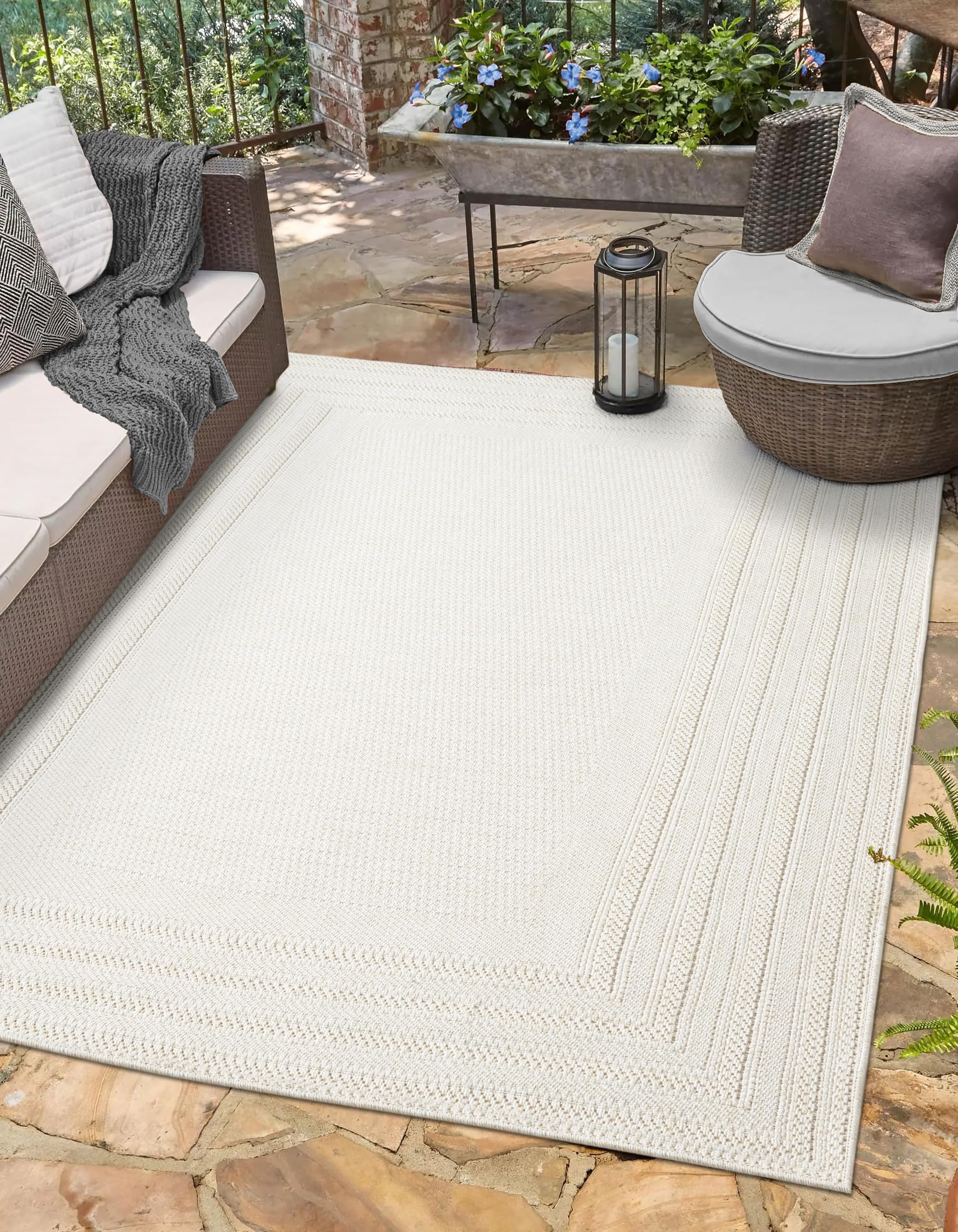 RUGGERRUGS Berry Easy Jute Indoor Outdoor Rug, 8x10 Neutral Bordered Jute Look, Weather Resistant, Easy Care, Lightweight Outdoor Farmhouse Carpet for