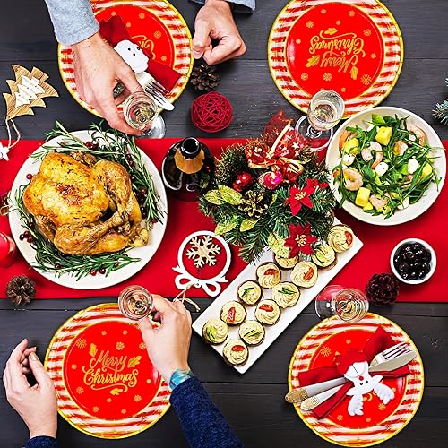 Miniatura 4 de DYLIVeS Platos de papel de Navidad a rayas rojas y doradas, 80 platos decorativos de Navidad, platos desechables para cena navideña, suministros de