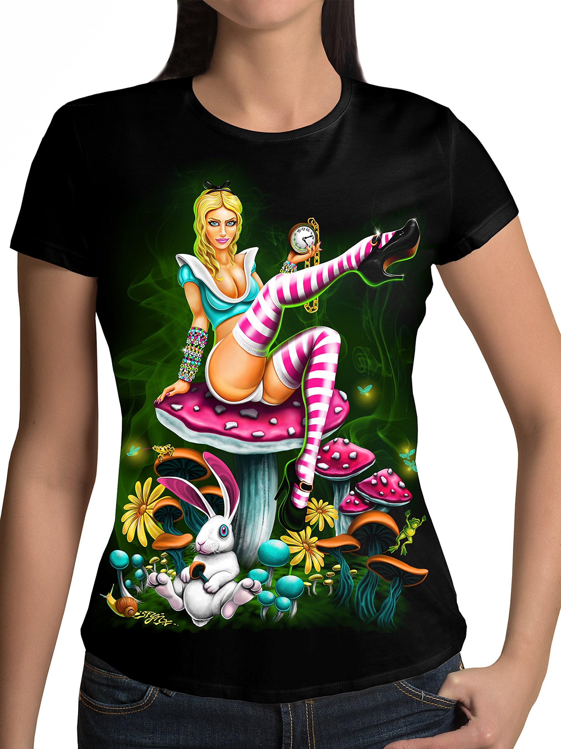 SFYNX 'Electric Wonderland' Alice Rave T Shirt - Glow in The Dark EDM Clothing - Blacklight Reactive Womens Tee (Large)