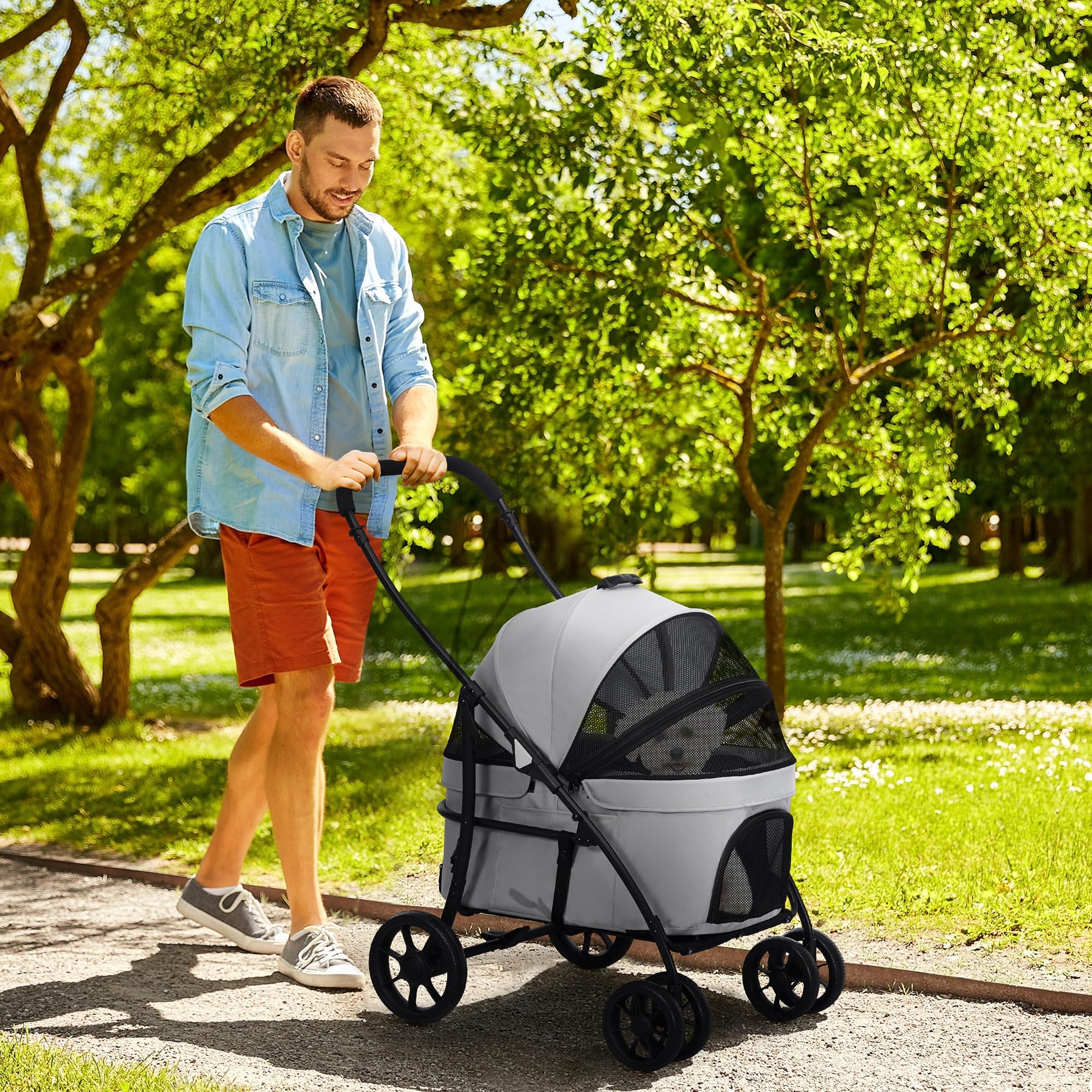 PawHut Poussette pour chien et chat 2 en 1 pliante chariot pour chat chiots avec nacelle amovible, coussin, laisse de sécurité, jusqu'à 10 kg, acier 81 x 68 x 98,5 cm, gris