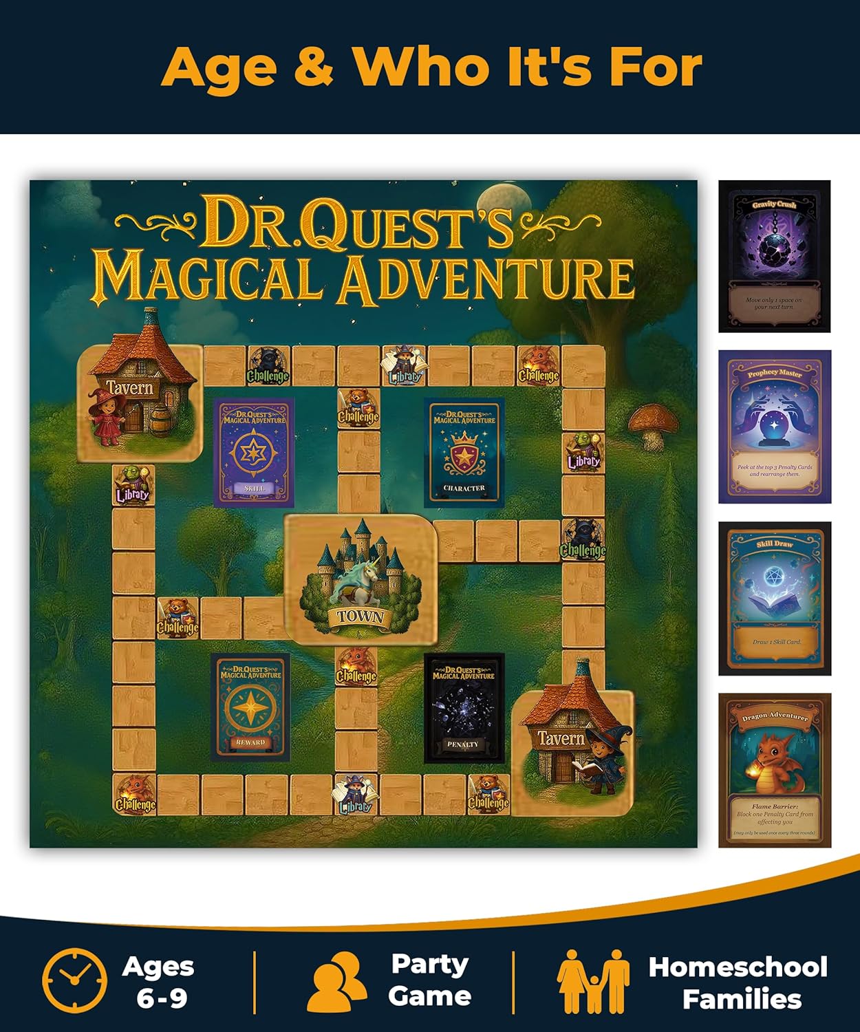 Dr. Quest's Magical Adventure–Educational Board Game for Kids Ages 6-9 – Spelling & Grammar Learning Game for Early Elementary | 180 Questions | Screen-Free Homeschool & Family Game | 2-6 Players