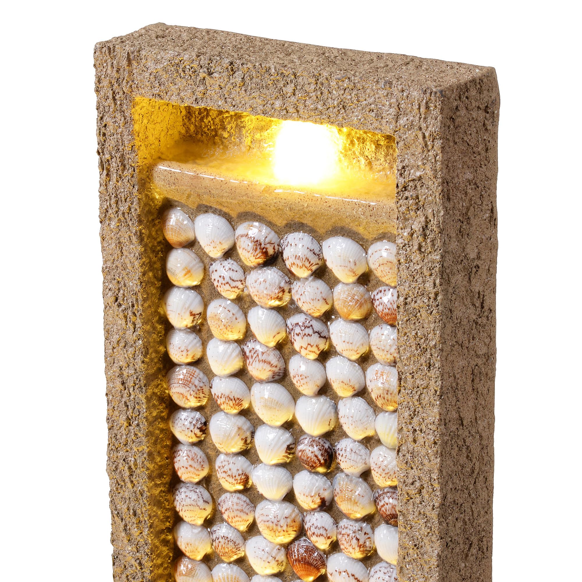 Teamson Home Garten Outdoor Brunnen Hoher Wasserfall mit warmen LED-Lichtern, Coastal Seashell Design, Robustes Polyresin, braunes Finish