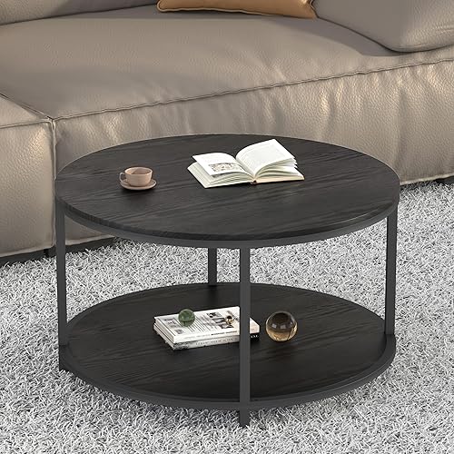 Miniatura 16 de Mesa de centro redonda de 36 pulgadas, superficie superior de madera rústica y patas de metal resistentes, mesa industrial para sala de estar, Nogal