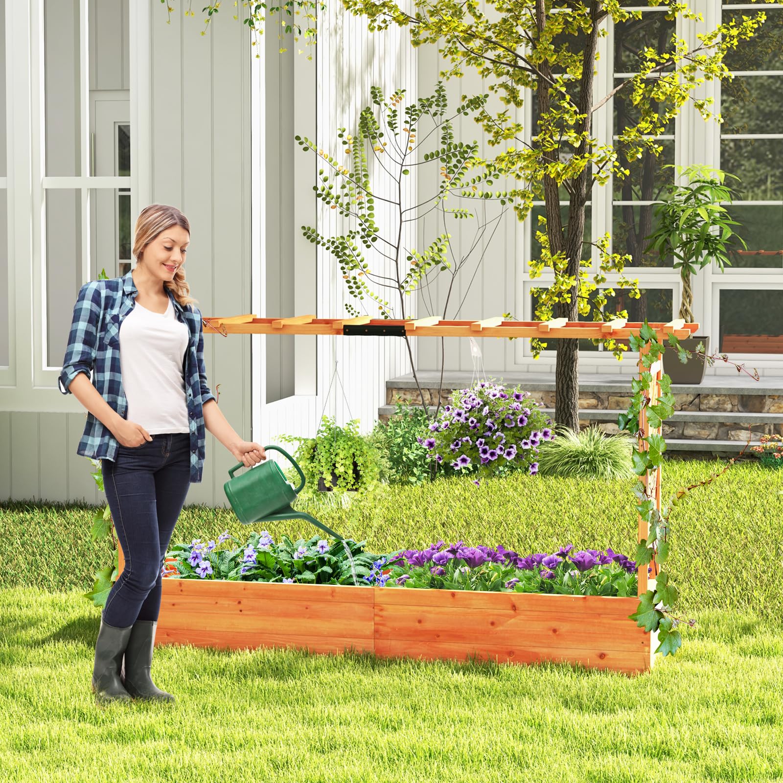 HOMASIS Jardiniere Exterieur Grande avec 2 Treillis et Etagère de Toit, Bac à Fleurs Surélevé en Bois pour Plantes Grimpantes, Jardiniere avec Treillis pour Jardin Balcon, 200x44x114cm, Orange