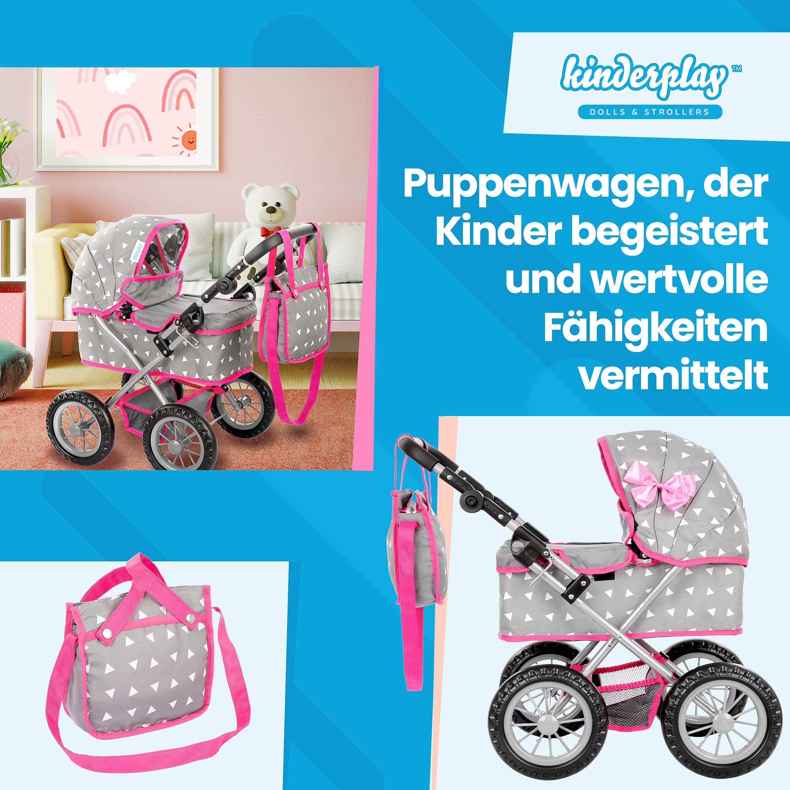 Kinderplay Puppenwagen mit großer Wanne – Höhenverstellbarer Griff 33–63 cm – Für Puppen bis 41 cm – Leichter Puppenbuggy für Kinder ab 3 Jahren – Leise Schaumräder