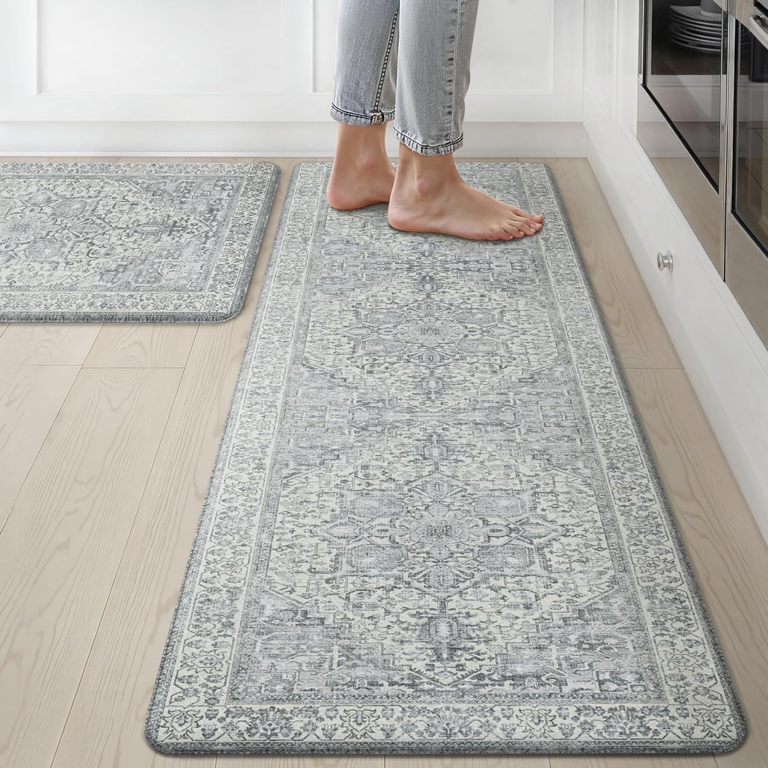 GENIMO Kitchen Mats for Floor, 2PCS Kitchen Rugs Non Slip Washable, Waterproof Anti Fatigue Mat, Comfort Standing Runner Rug for Sink, Office, Laundry, Home, 17.3"x59"+17.3"x30", LightGrey
