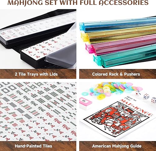 Miniatura 5 de KURONO American Mahjong Set - Bolsa suave de cachemira negra, 166 azulejos blancos de primera calidad, bastidorempujadores 4todo en uno, juego de