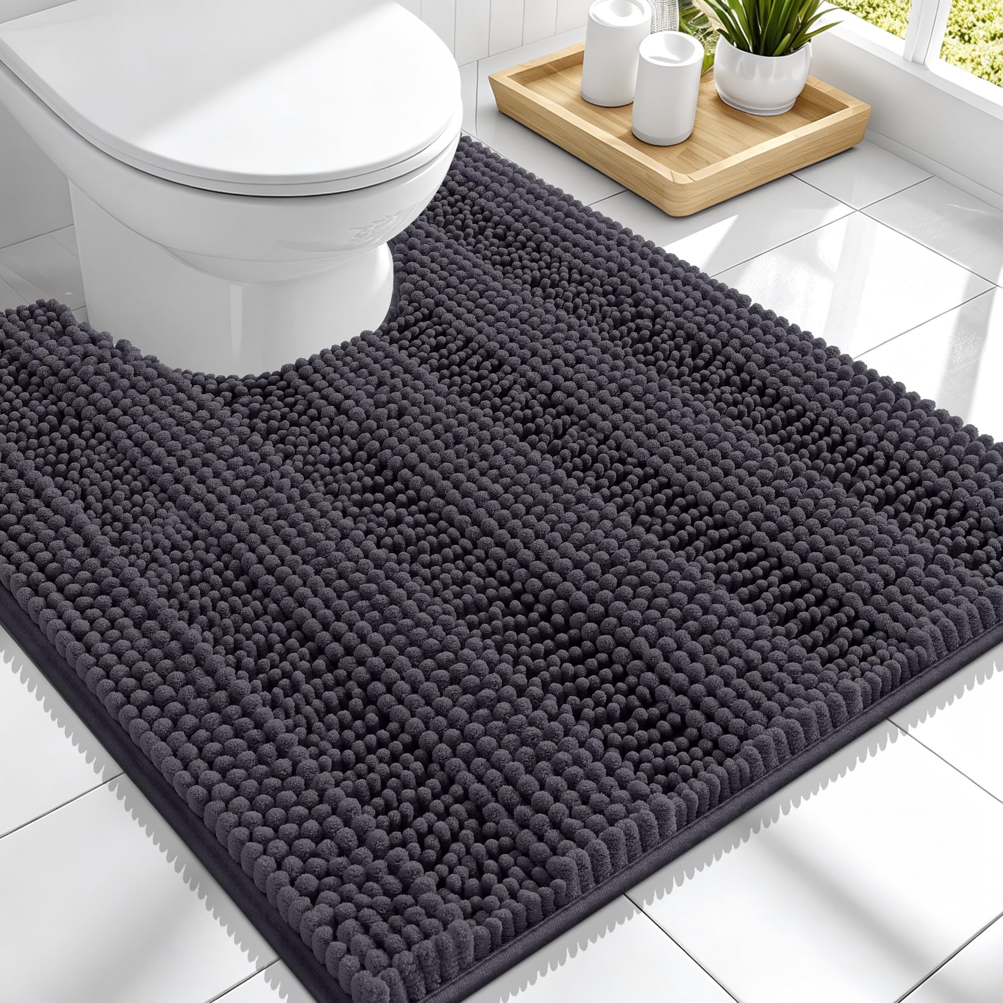 Smiry Thick Chenille Toilet Rugs U-Shaped 24x20, Soft Bath Mat, Dark Grey