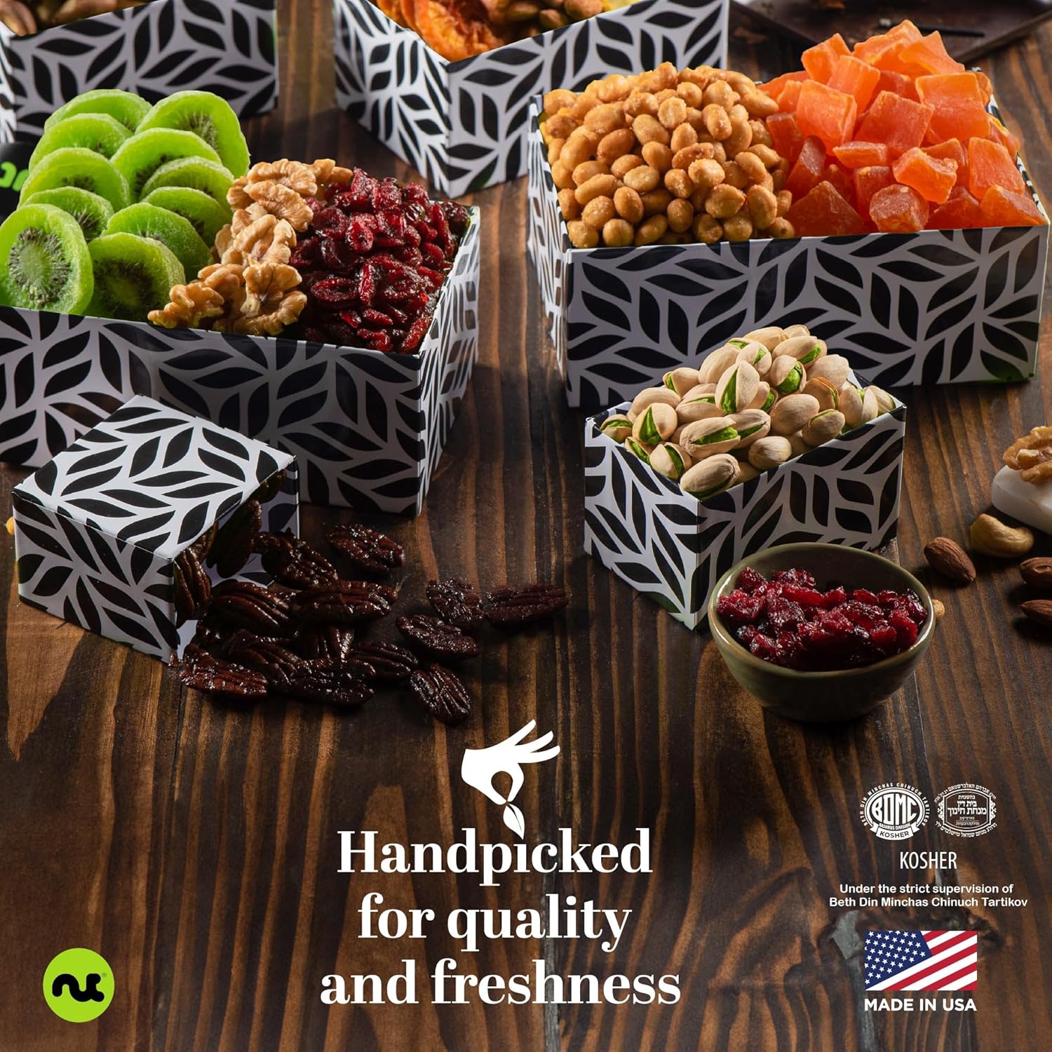 NUT CRAVINGS - Purim Mishloach Manot Dried Fruit & Mixed Nuts Gift Basket, Leaf Tower + Ribbon (12 Assortments) Ramadan Gifts Food Arrangement, Healthy Snack Care Package, Kosher - Image 7