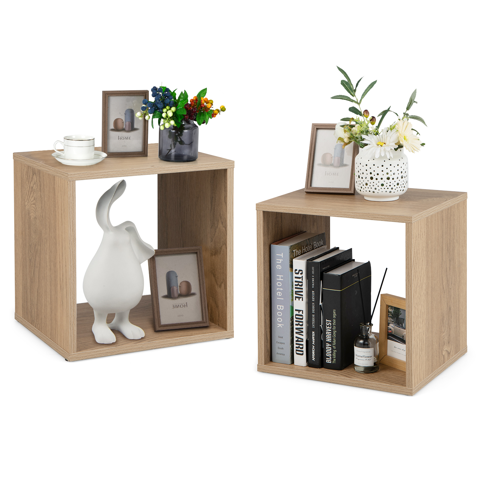Sada 2 malých knihovniček - Geometrická dřevěná knihovna se 2 policemi - Moderní odkládací stolek do ložnice nebo kanceláře