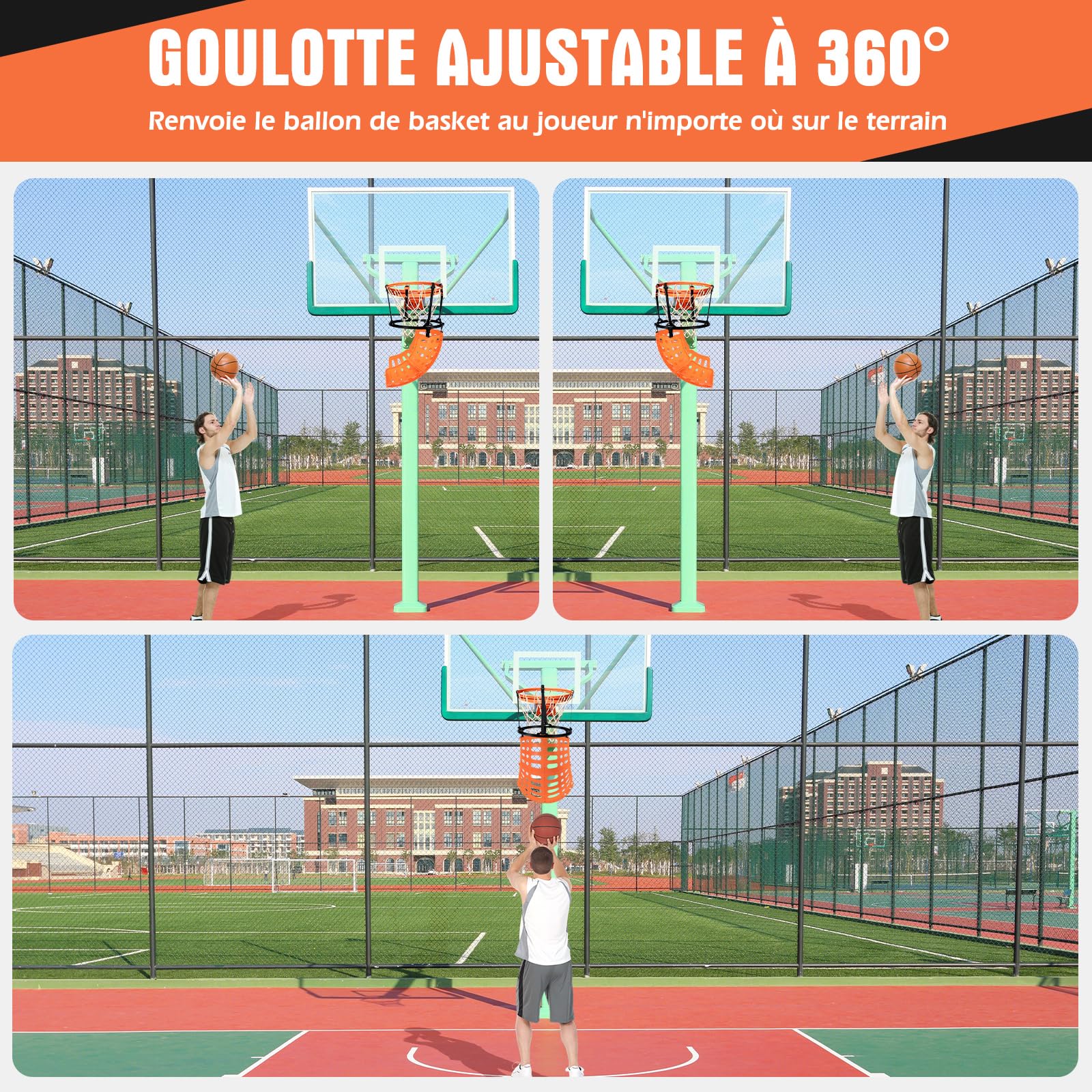 GOPLUS Retour de Ballon de Basket Rotatif à 360°, Système de Retour de Balle avec 4 Crochet pour Fixation Robuste, Accessoire pour Panier de Basket Jusqu’à 46 CM, Hauteur Réglable, pour Adulte, Enfant