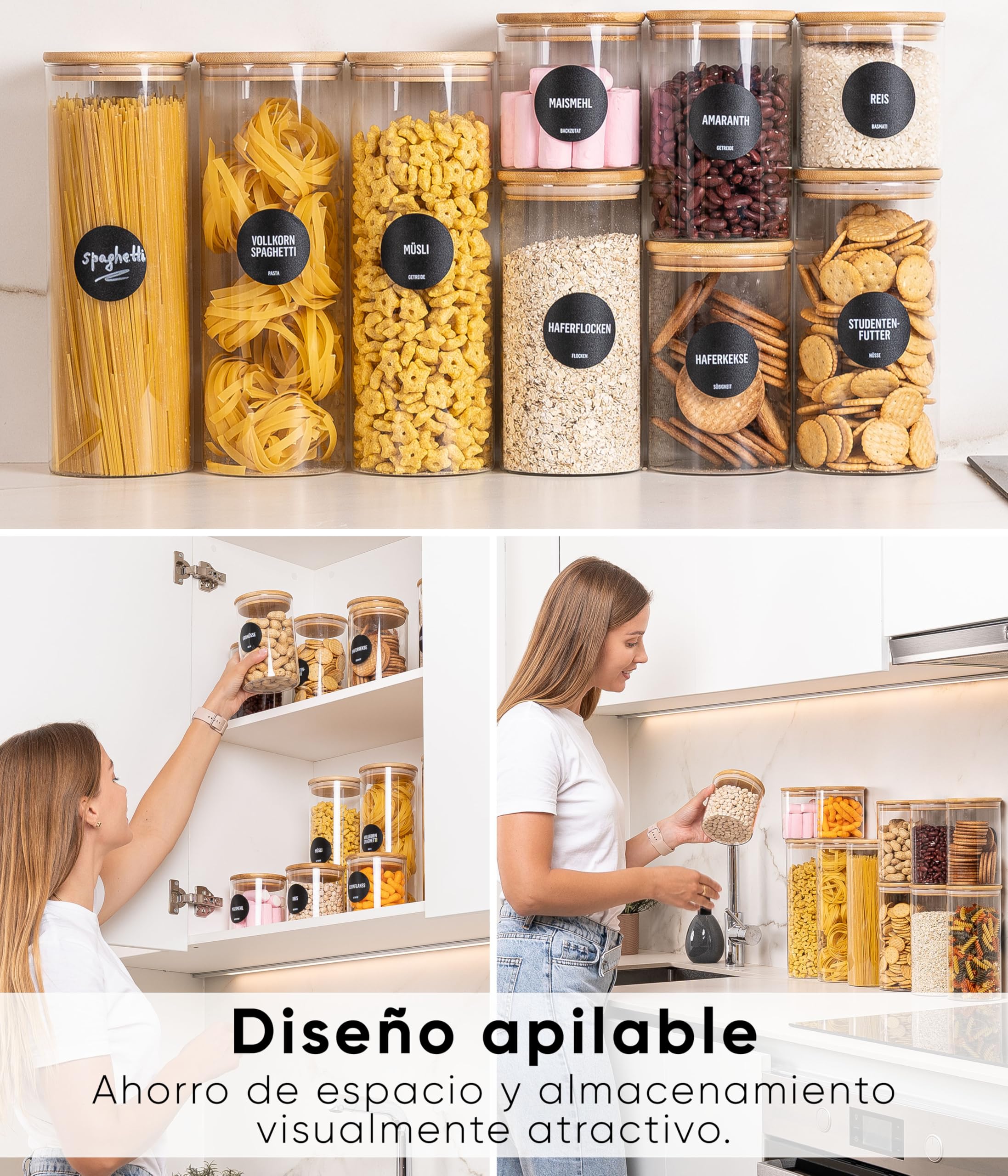 Deco haus® Tarros de Cristal con Tapa hermética, Juego de 8 [+ Etiquetas], Botes Cocina Almacenaje, Tarros Cristal con Tapa de Madera, Frascos de vidrio Apto para Harina, Café, Pasta | Tarros de cristal con tapa para cereales, cereales, harina y demás