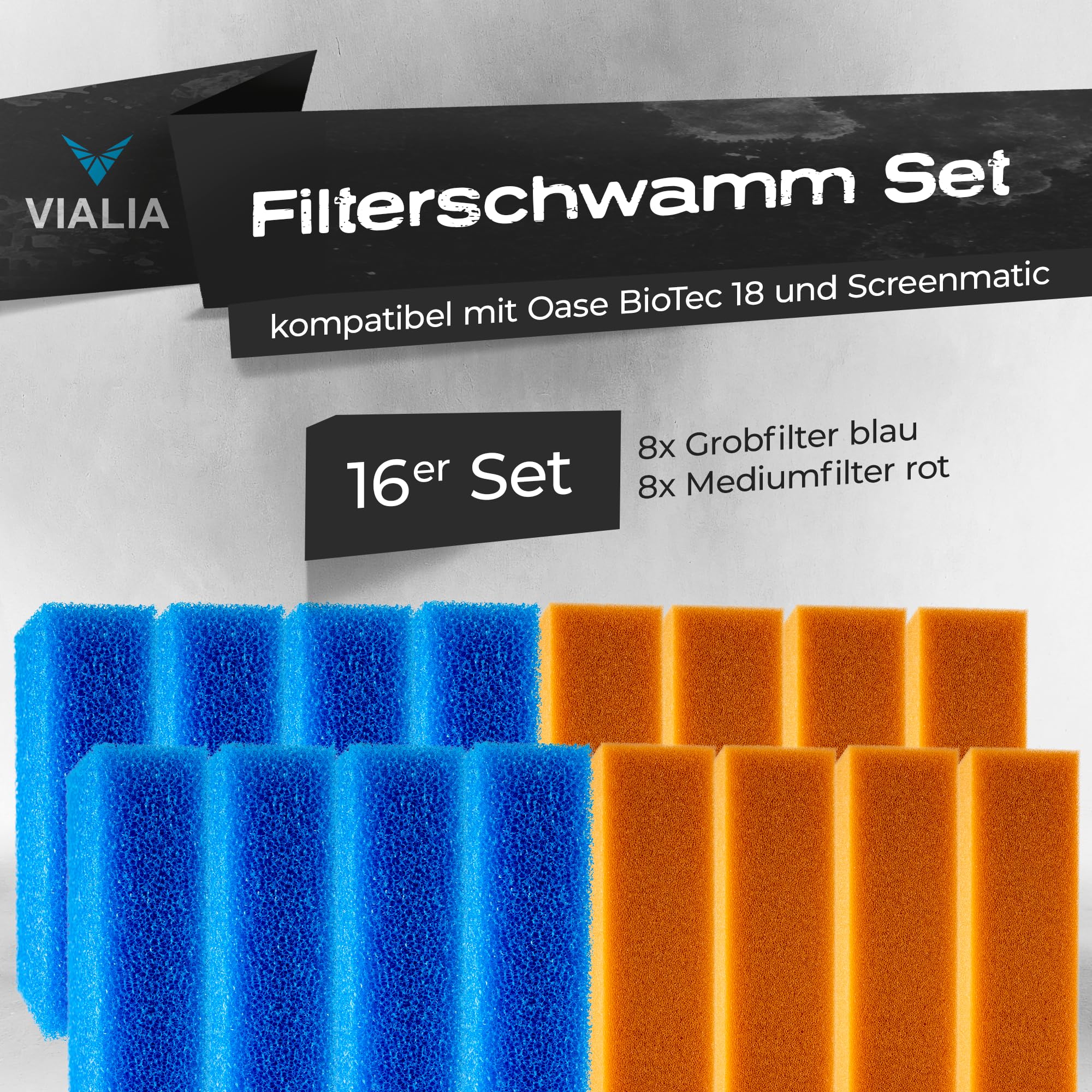 16x Filterschwamm Set kompatibel mit Oase BioTec 18 & Screenmatic | 8X Blau grob (10ppi) & 8X Rot fein (30ppi), Ersatzschwämme 21,5x15,5x9 cm für Teichfilter, Made in Germany