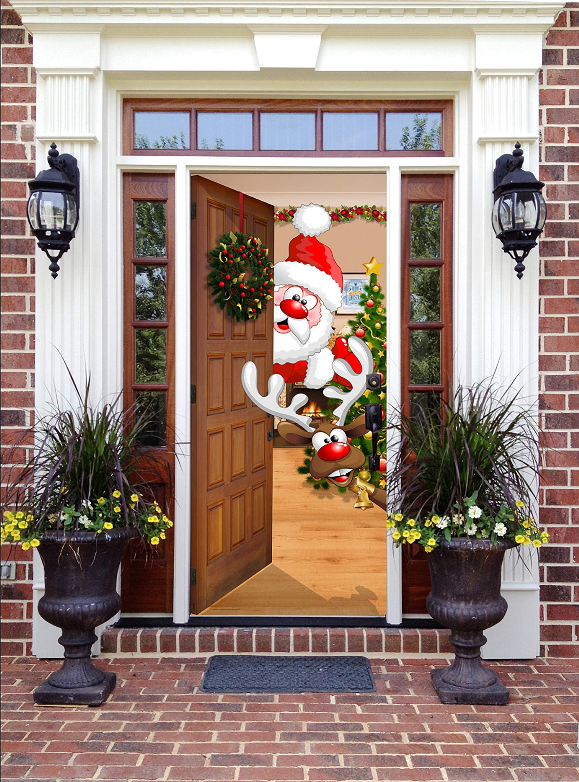 36" x 80" Christmas Front Door Banner - Santa & Rudolph - Holiday Entryway Decoration
