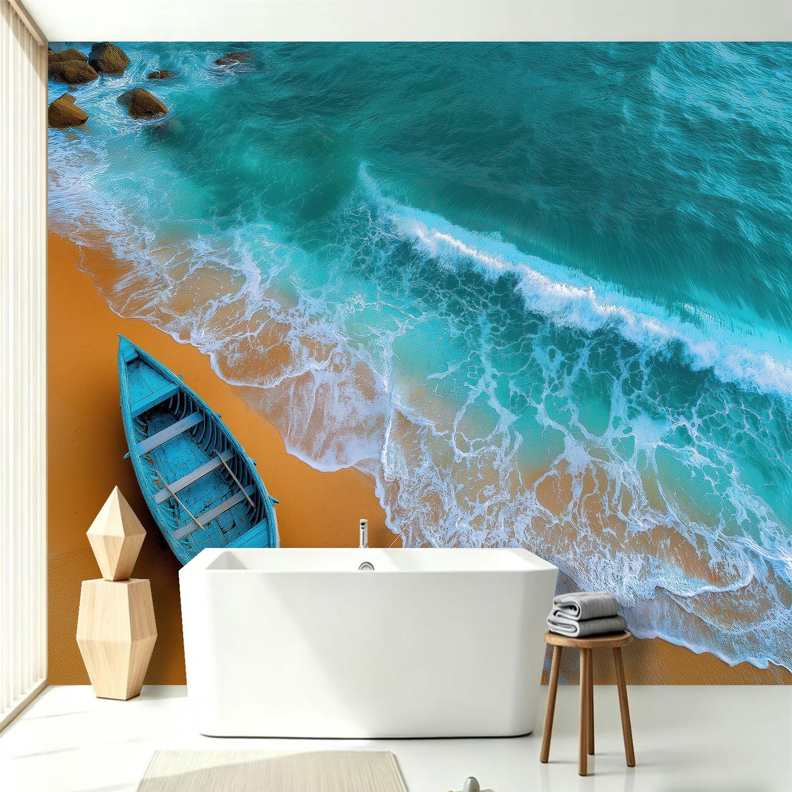 Carta da parati fotografica, 250 x 175 cm, in tessuto non tessuto, stile nautico, barca in legno, spiaggia, carta da parati per bagno, casa vacanze, camera dei ragazzi