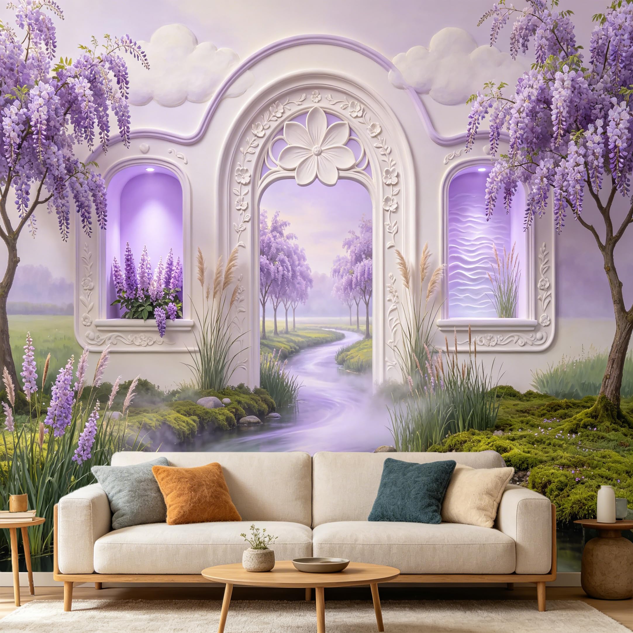 Custom Size Wall Mural， Wisteria Flower Archway Landscape， 3D Trompe L'Oeil Garden Creek， SelfAdhesive Art Prints wall Fabric Removable Large Wallpaper Home Living Room Decor