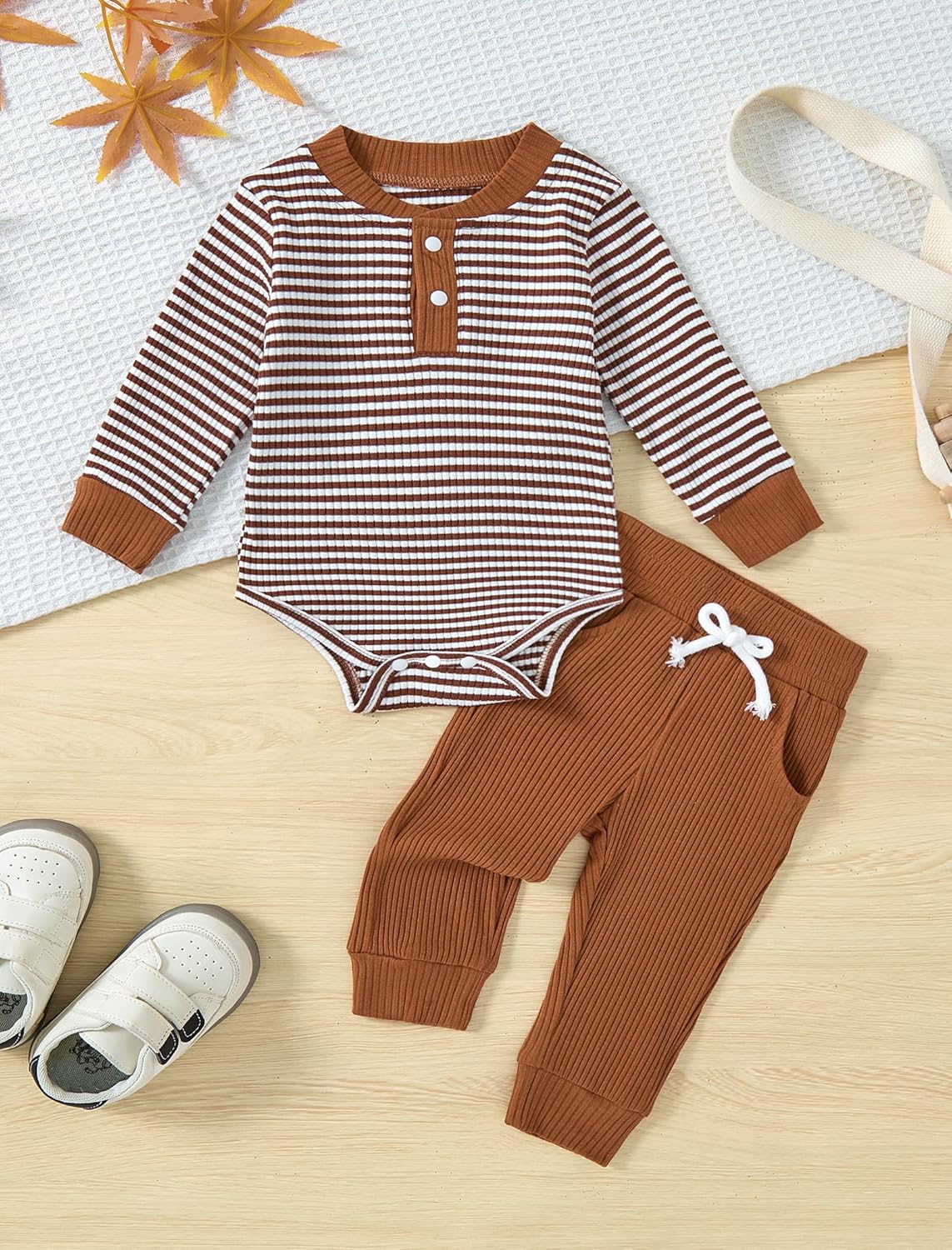 Newborn Baby Boy Clothes Ribbed Knit Long Sleeve Romper and Pants Set Fall Winter Baby Boy Outfits - Image 2